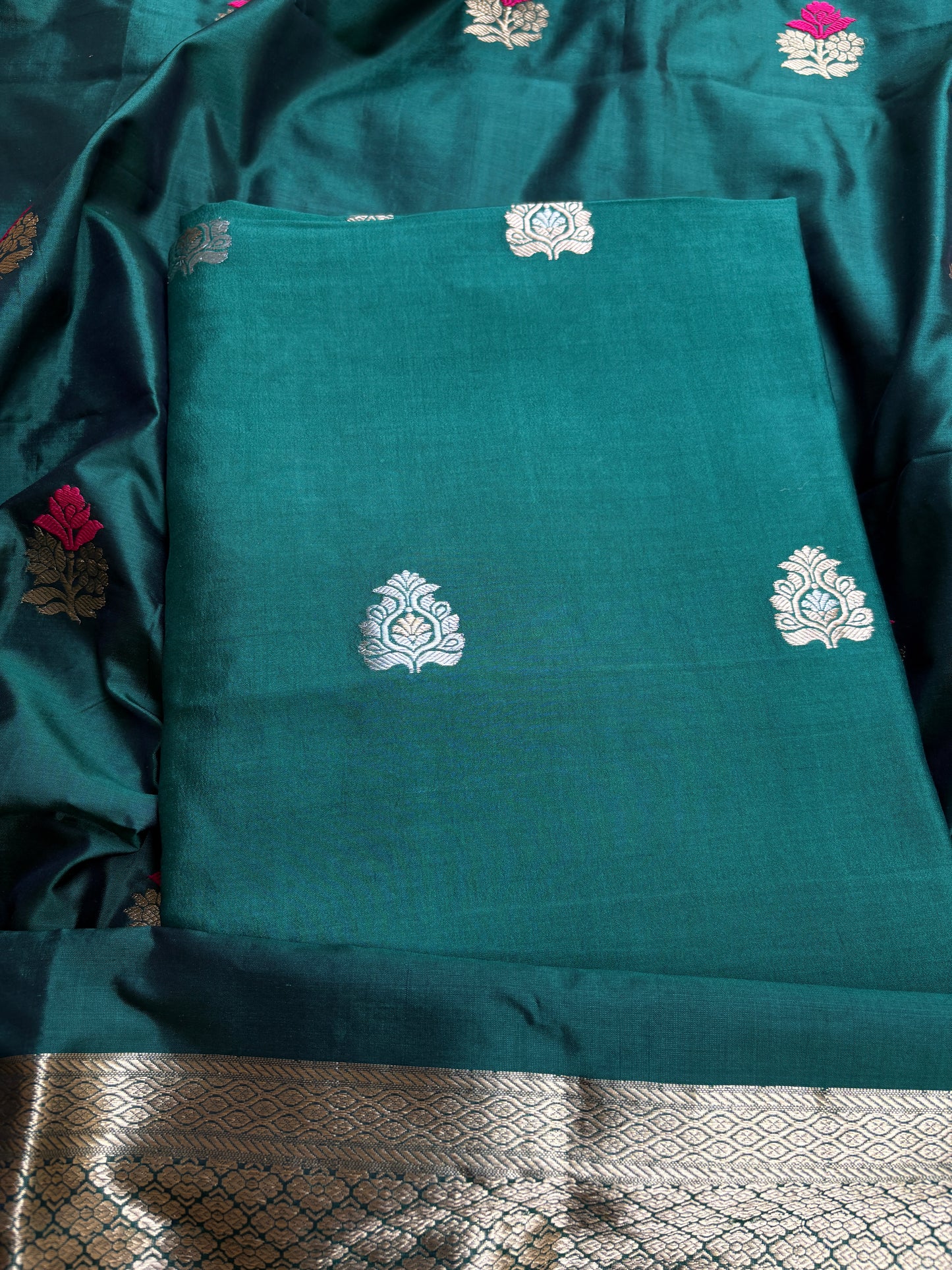 Green Chiniya silk kurta, bottom, katan silk kadhwa dupatta