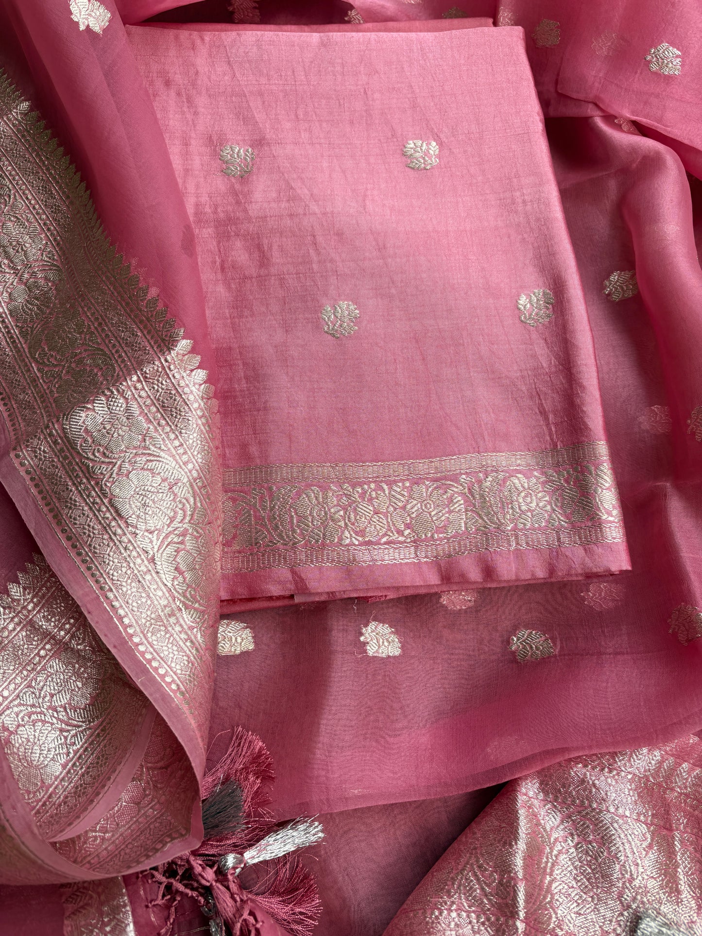 Pink silver zari Chiniya kora suit set