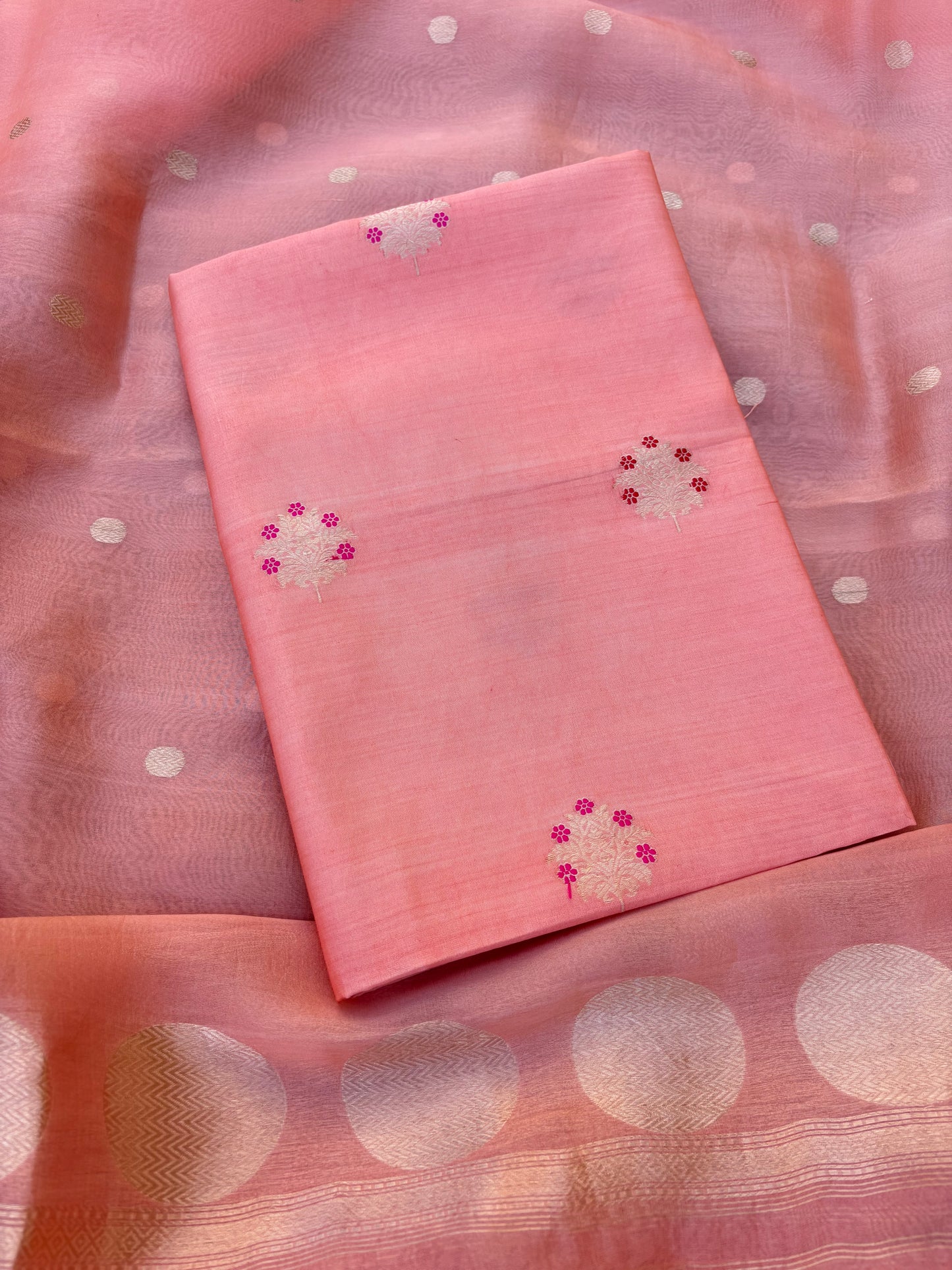 Peach meenadar kurta, plain bottom, kora silk dupatta