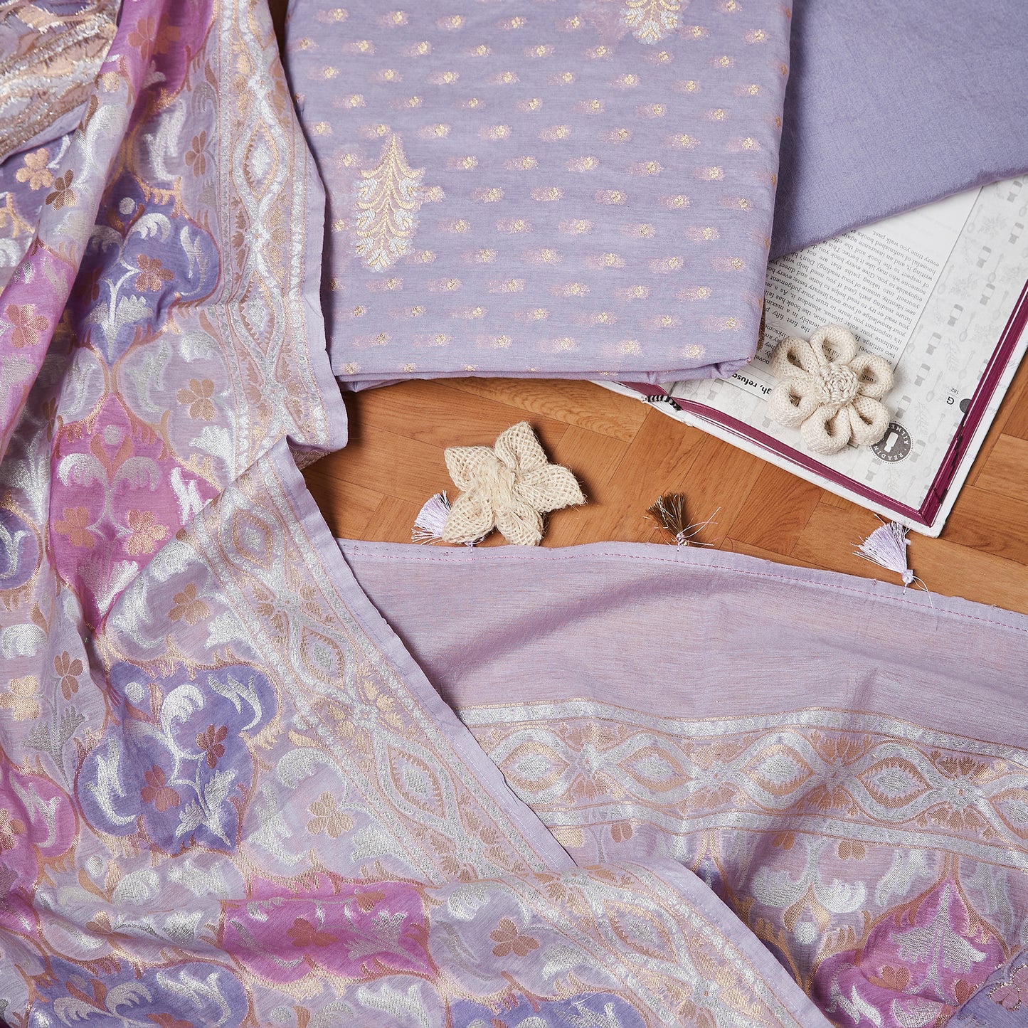 Lavender Tilfi Weaving Chanderi Cotton Suit Set with Self Multicolored dupatta