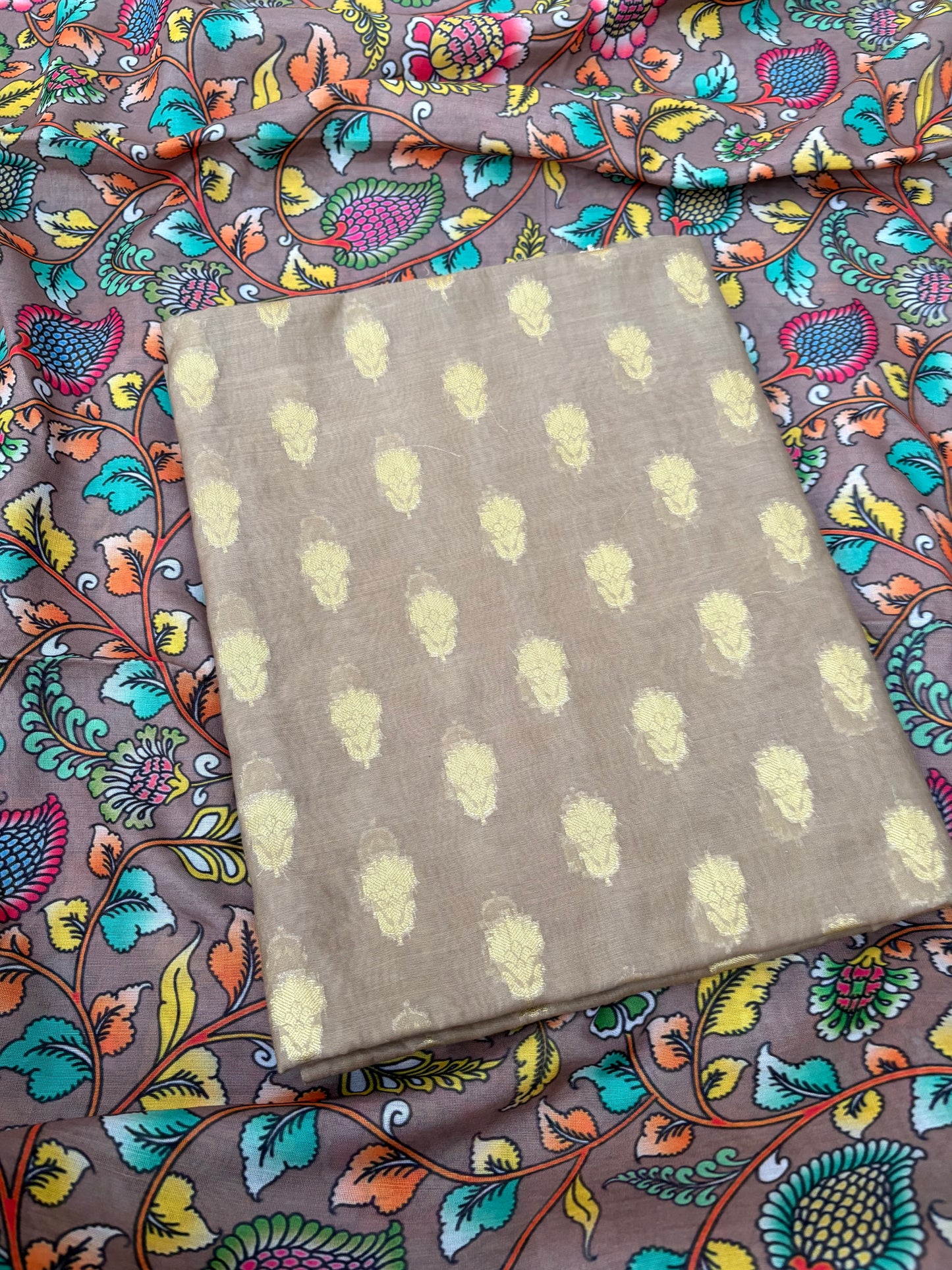 Beige cotton suit with digital printed dupatta