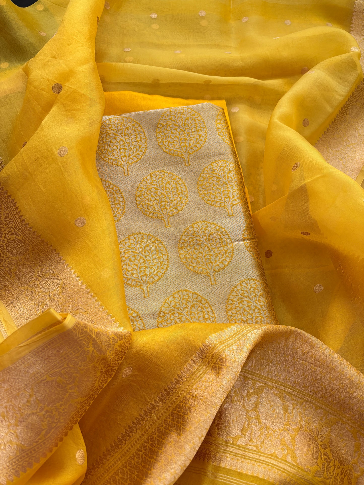 Yellow Katan brocade kurta and bottom , kora silk dupatta