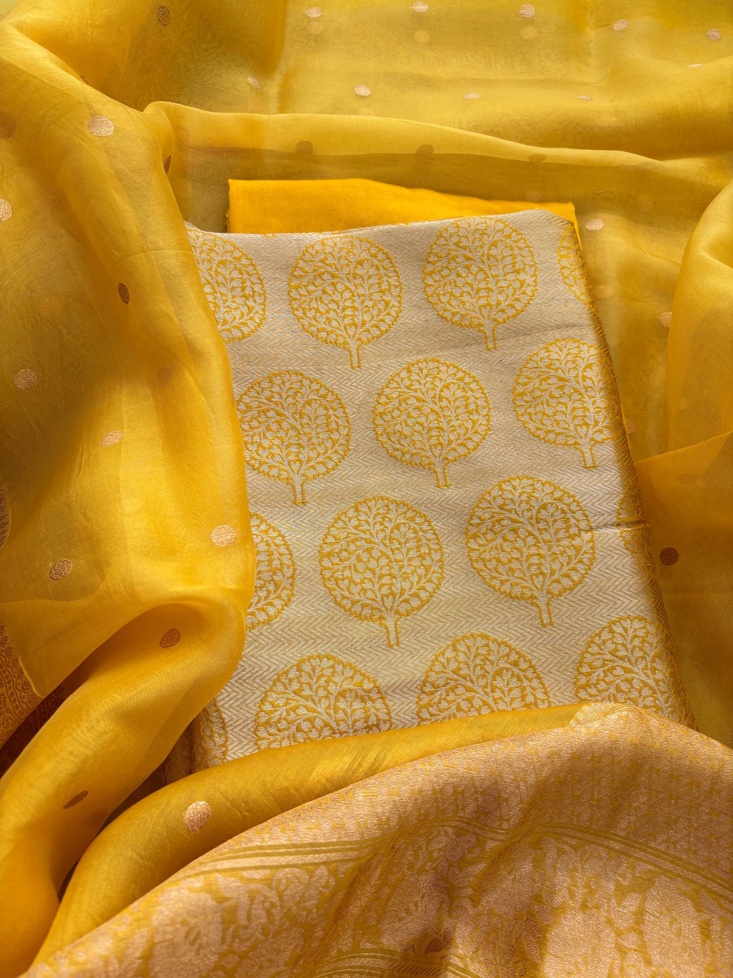 Yellow Katan brocade kurta and bottom , kora silk dupatta