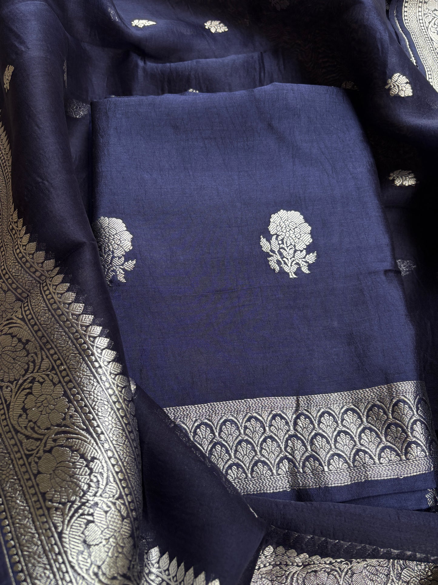 Blue Chiniya kora Chiniya silver zari suit set
