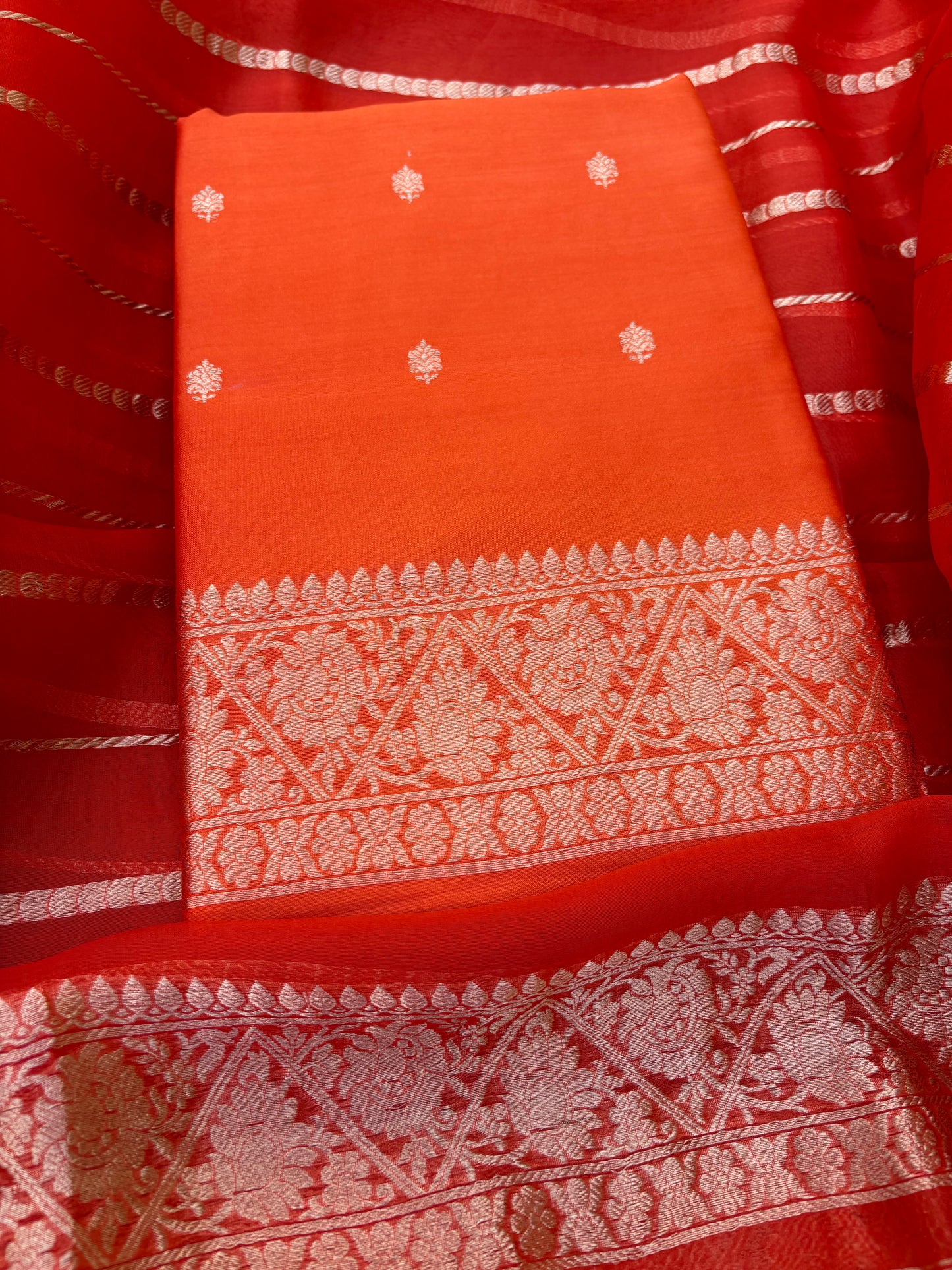 Orange raw mango silk kurta, bottom, kora dupatta