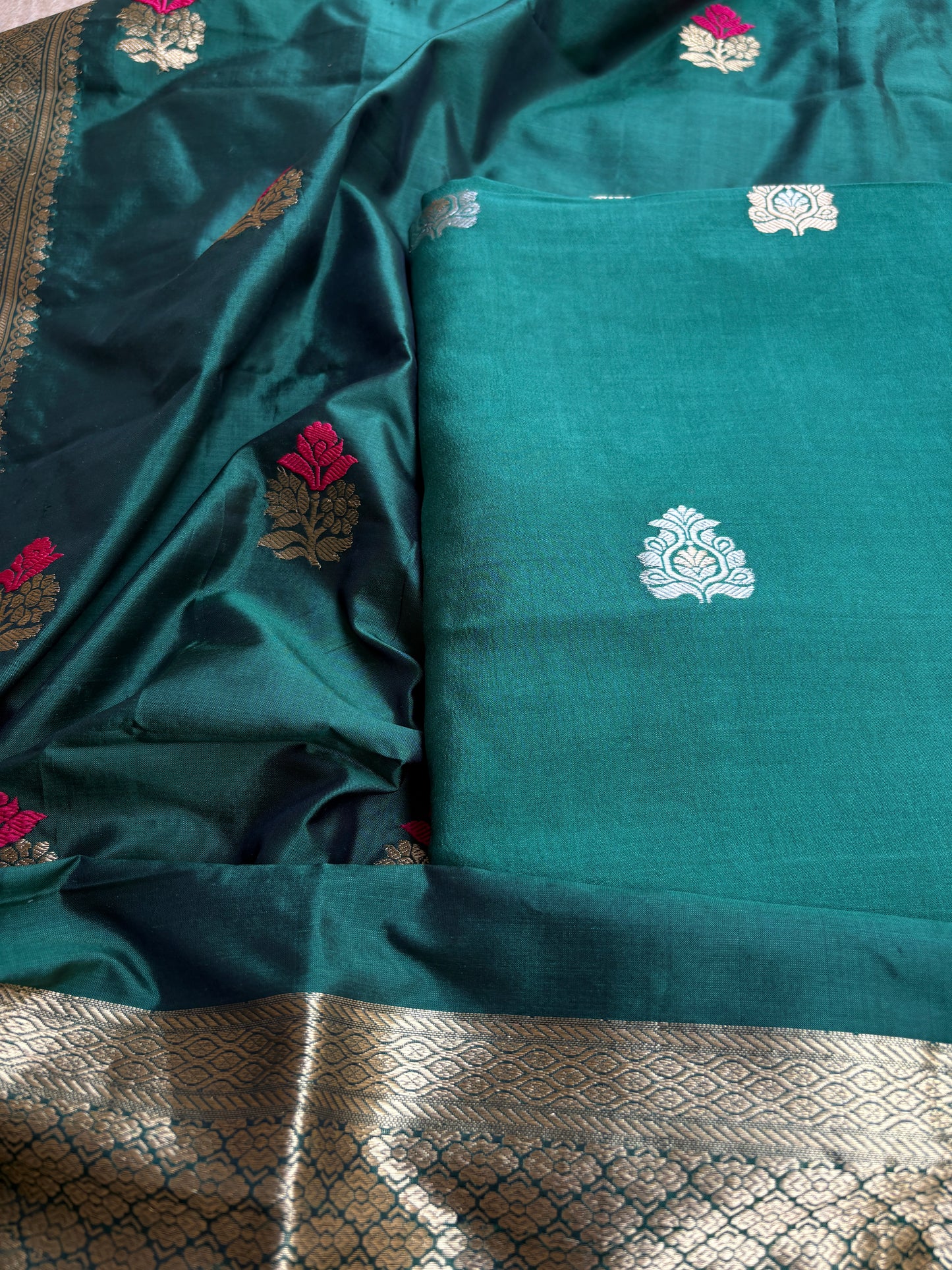 Green Chiniya silk kurta, bottom, katan silk kadhwa dupatta