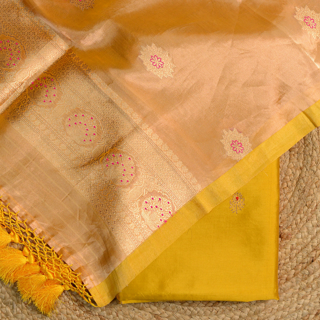 Yellow Chiniya silk suit with tissue dupatta
