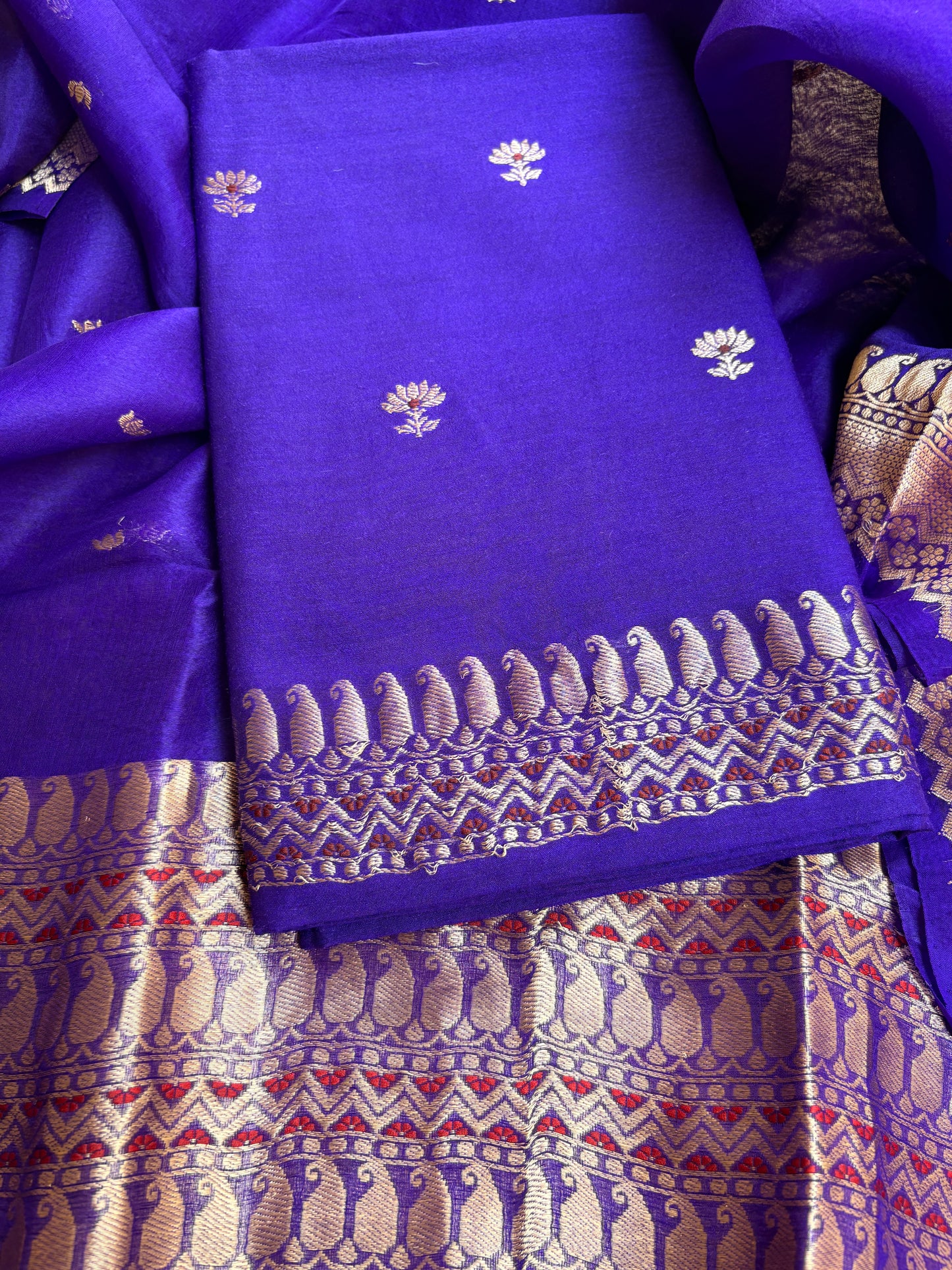 Purple moonga silk kurta, bottom , kora kadhwa silk dupatta