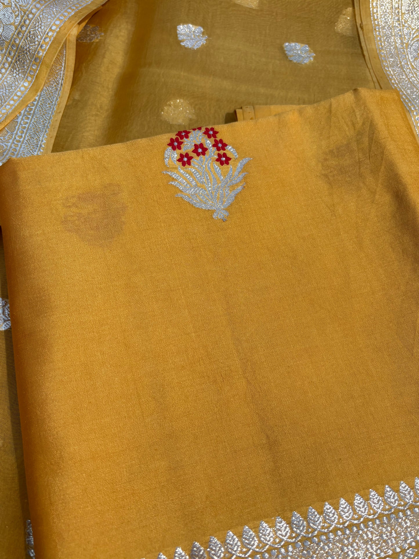 Mustard meenadar silver zari Chiniya kora 3 piece suit set