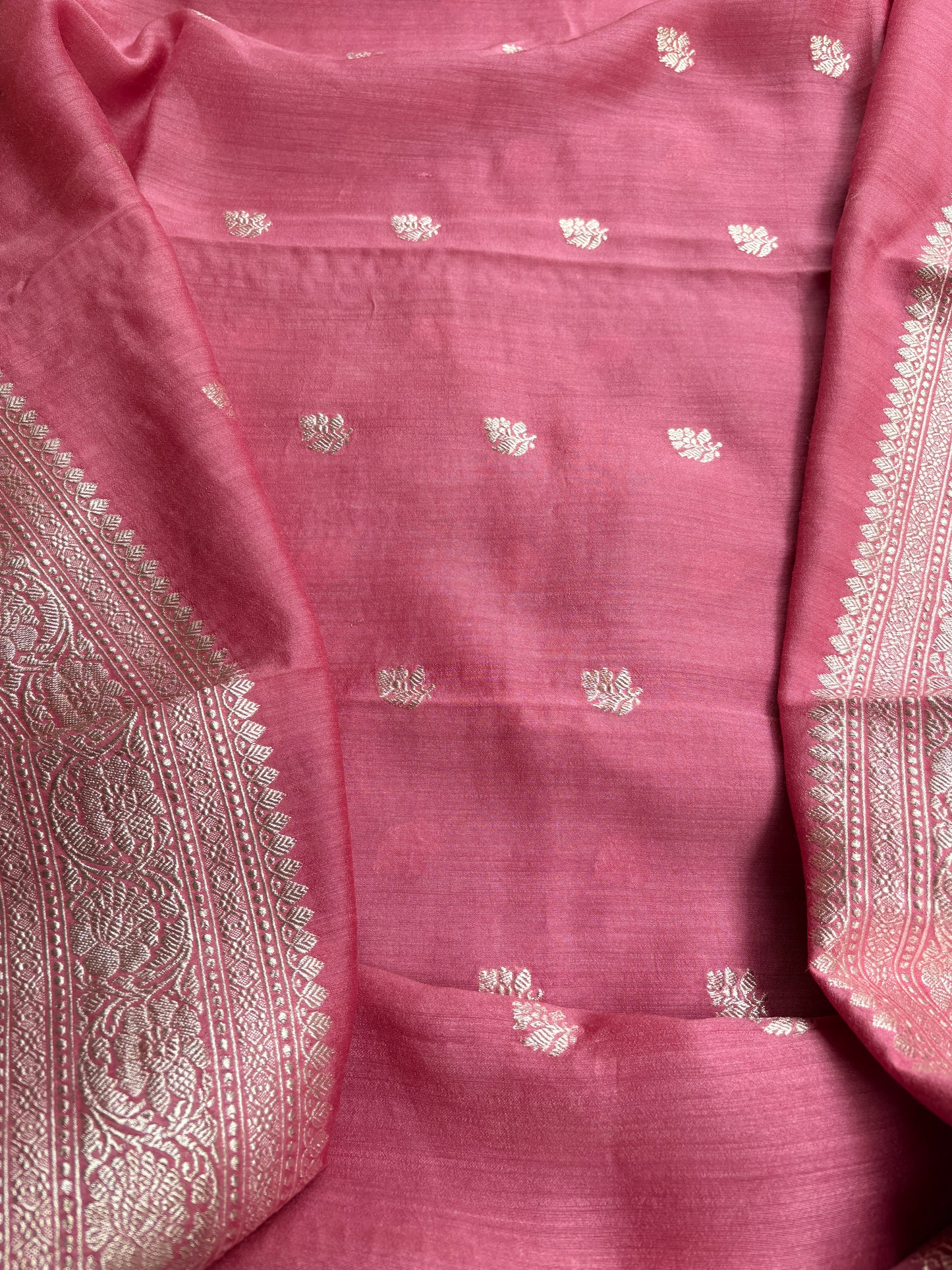 Peach moonga silk silver zari suit set