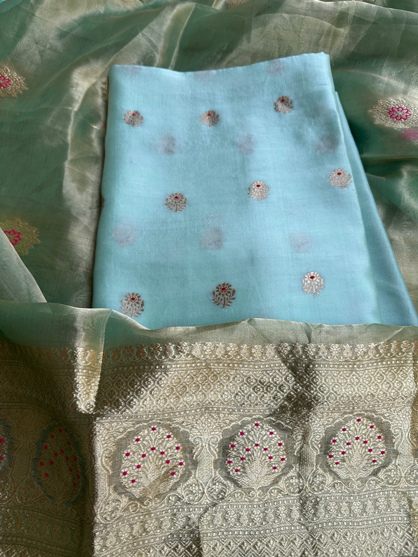 Sky blue chiniya silk kurta, bottom and tissue meendar dupatta