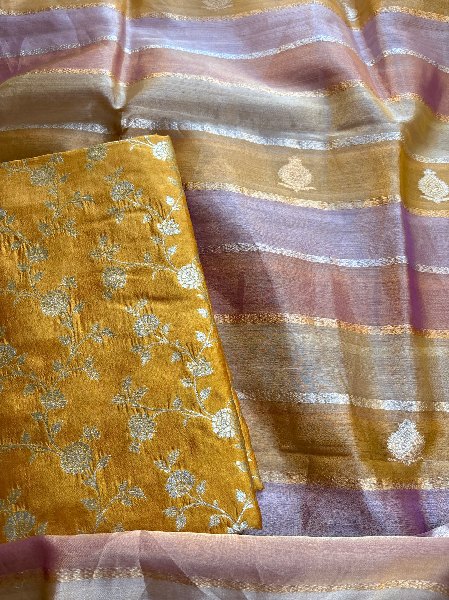 Yellow Chiniya silk kurta bottom and kora tissue dupatta