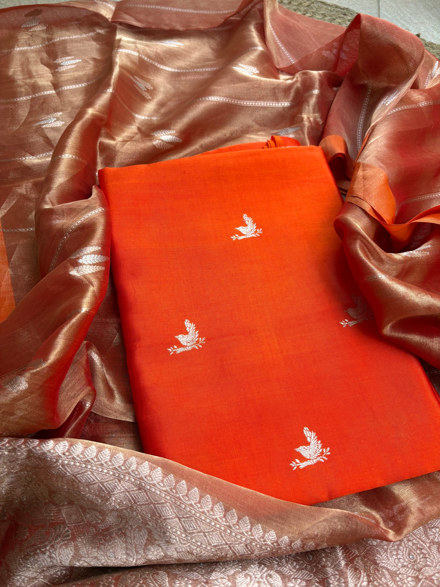 Orange raw artisan silk kurta, bottom, tissue kadhwa dupatta