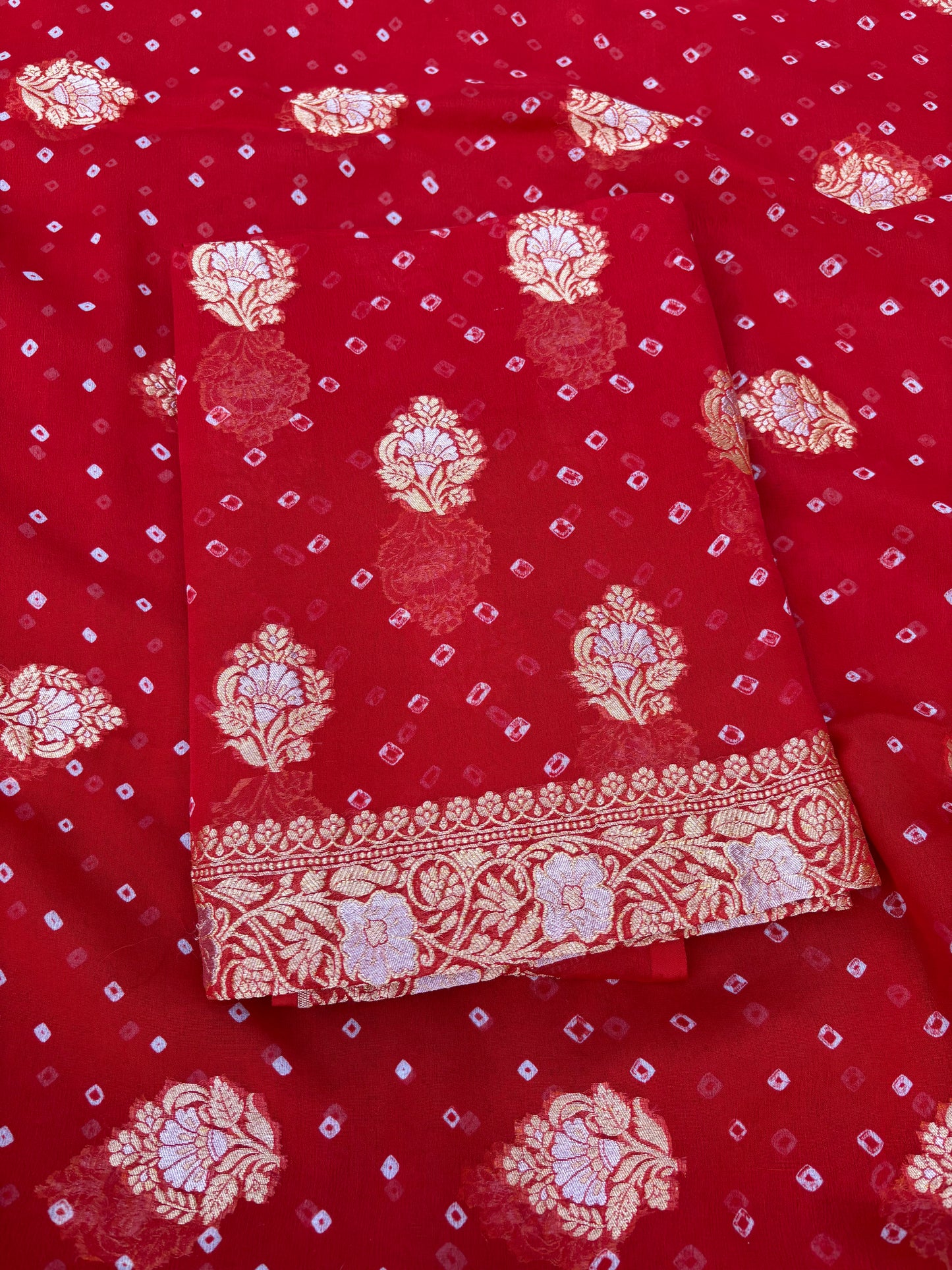 Red Khaddi georgette kadhwa bandhani 3 piece suit set