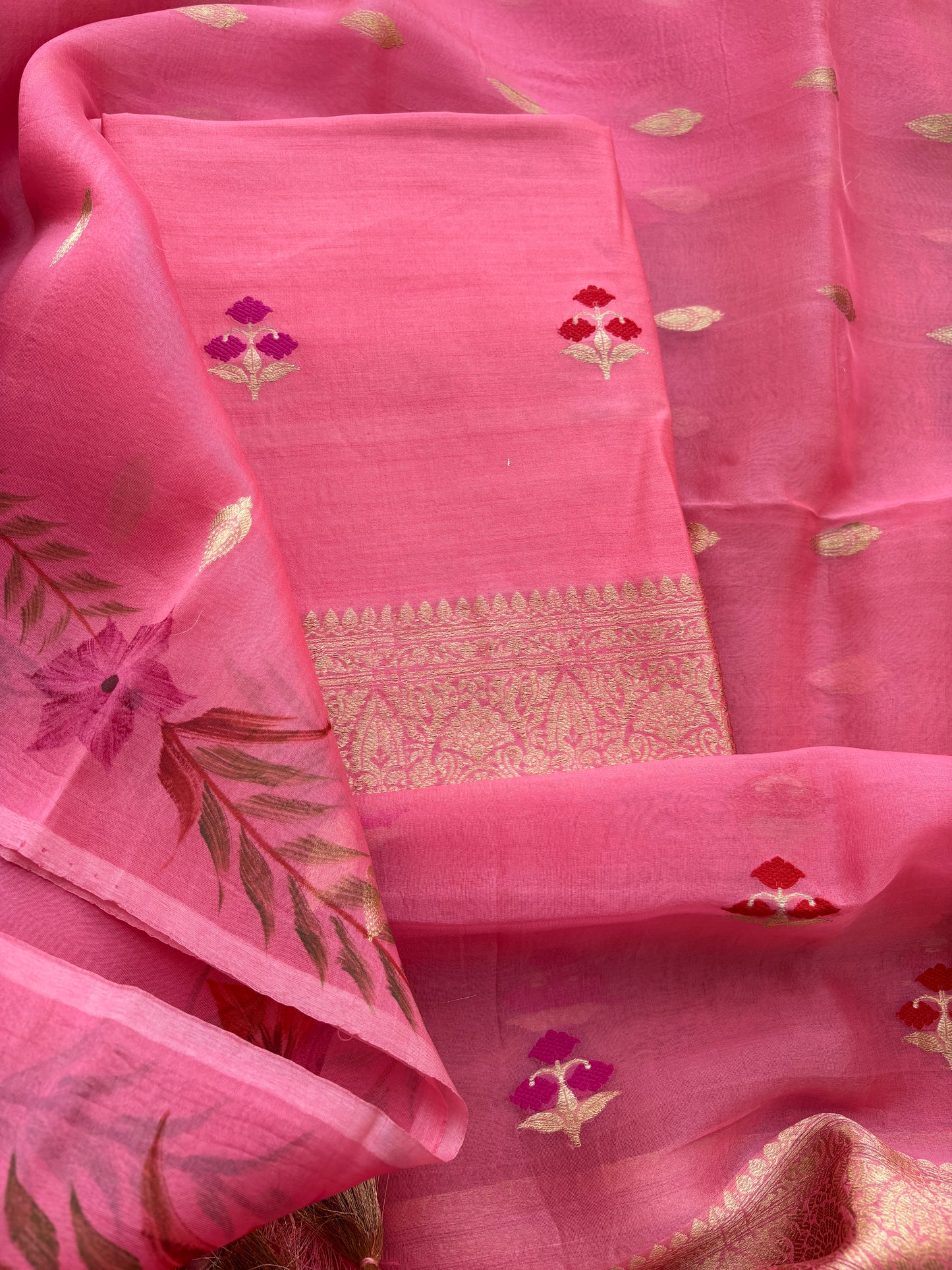 Pink Chiniya silk kora silk suit set