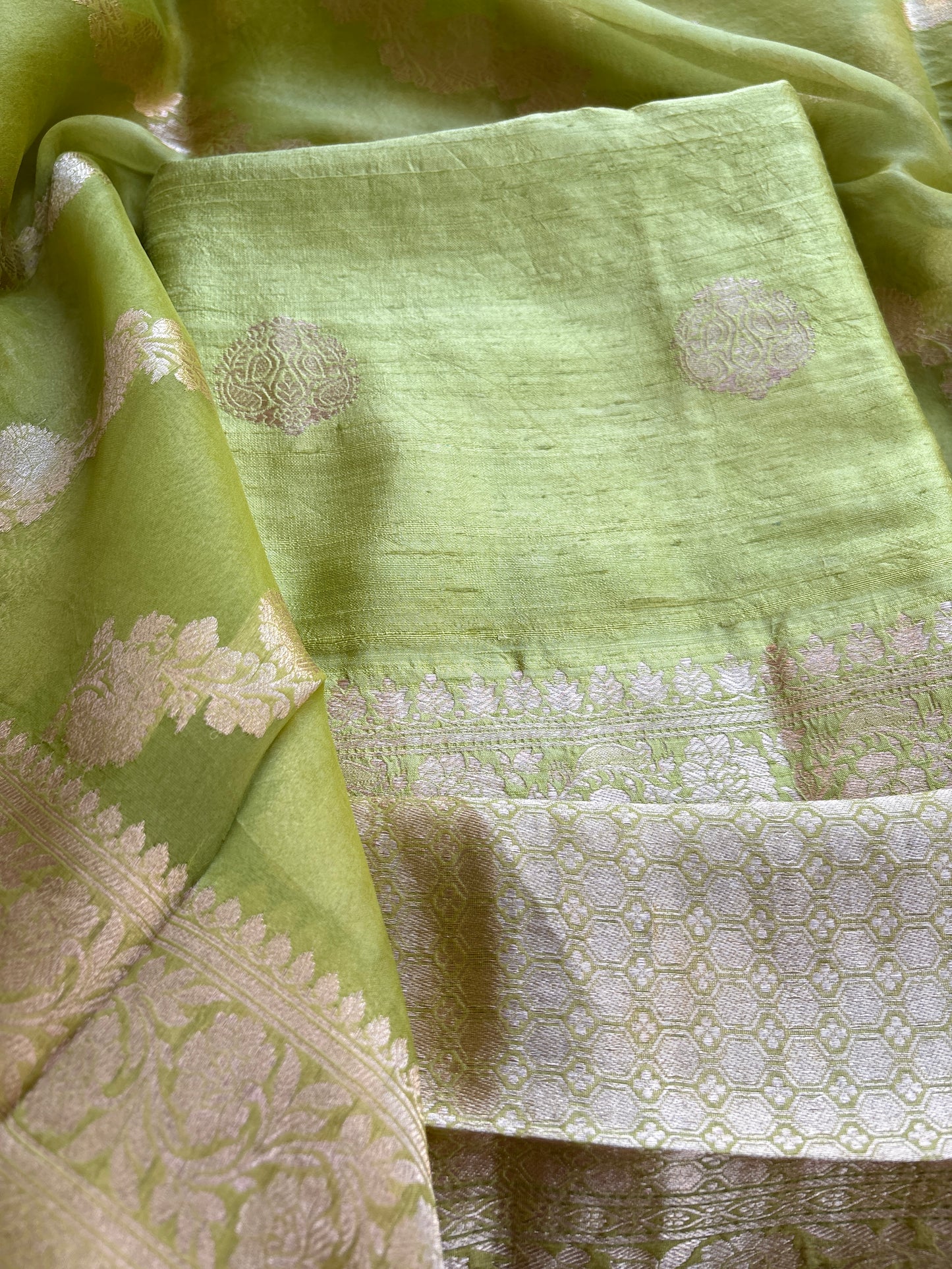 Green raw silk kadhwa suit set with kora silk dupatta