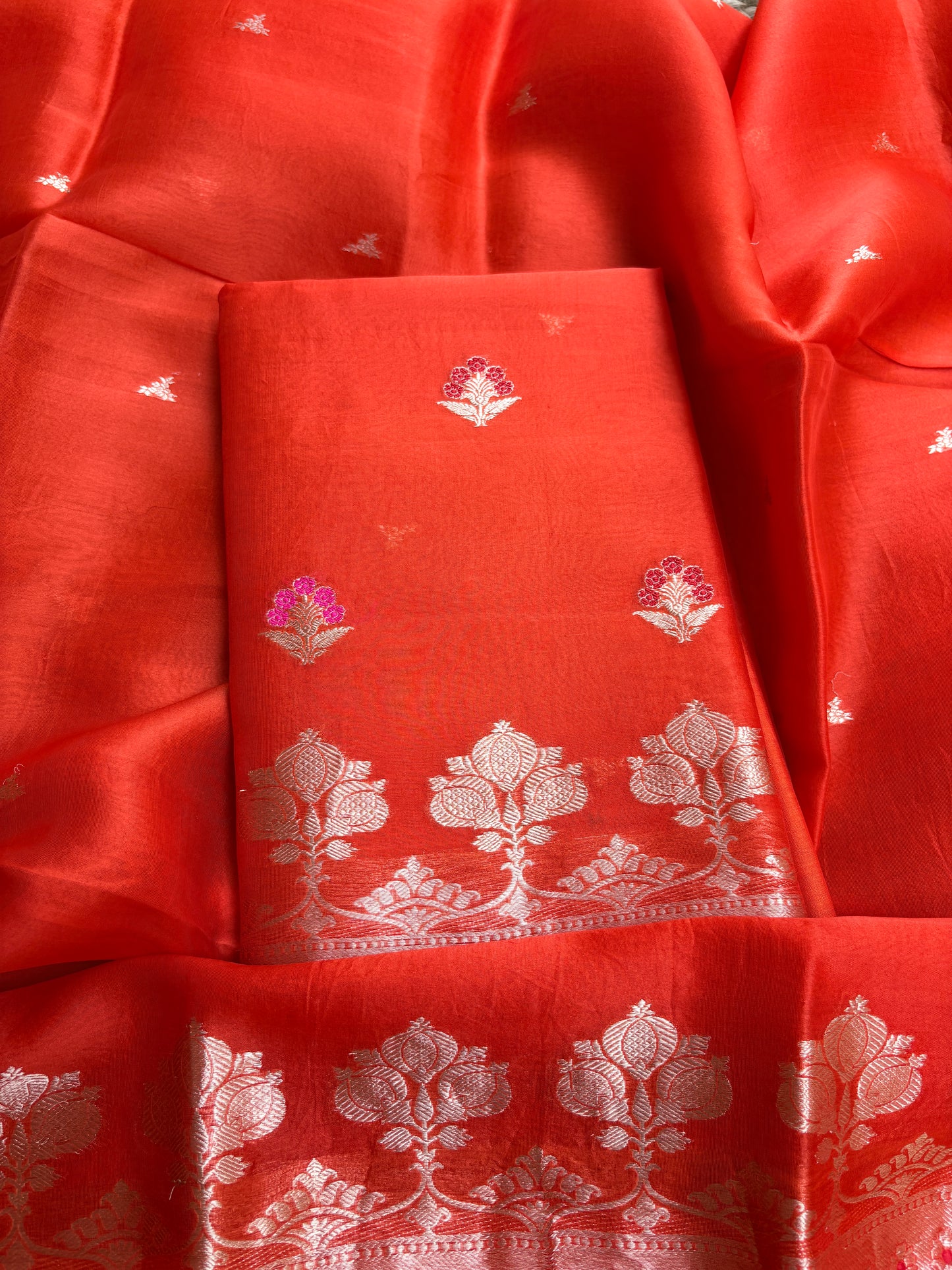 Orange kora kadhwa silk suit set