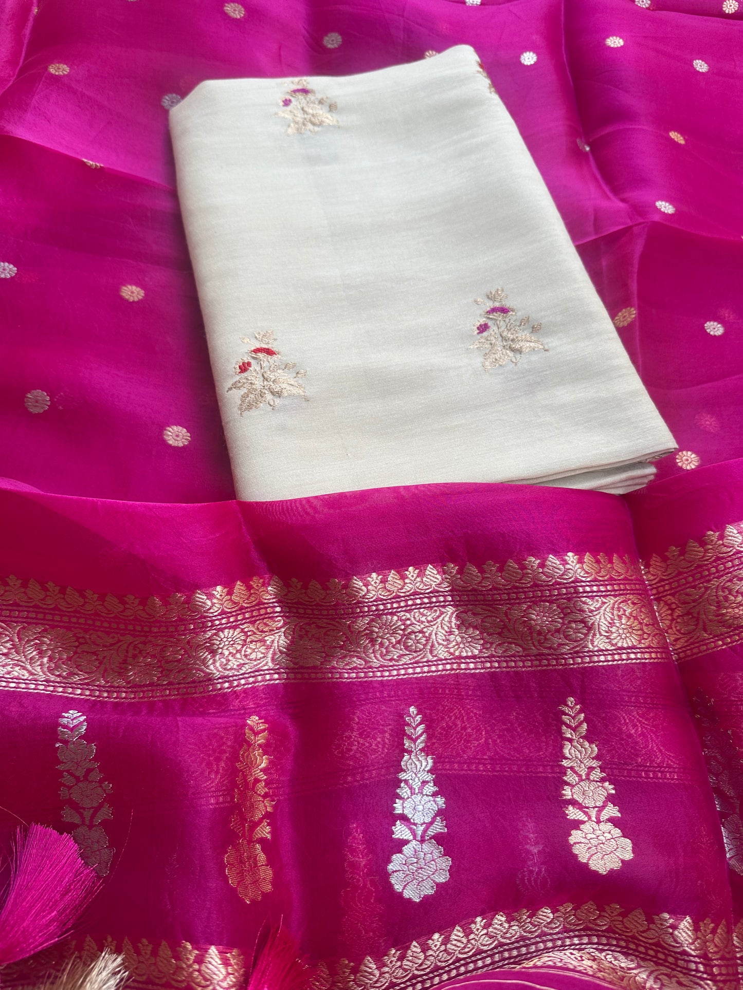 Cream moonga silk kurta, bottom and kora silk dupatta