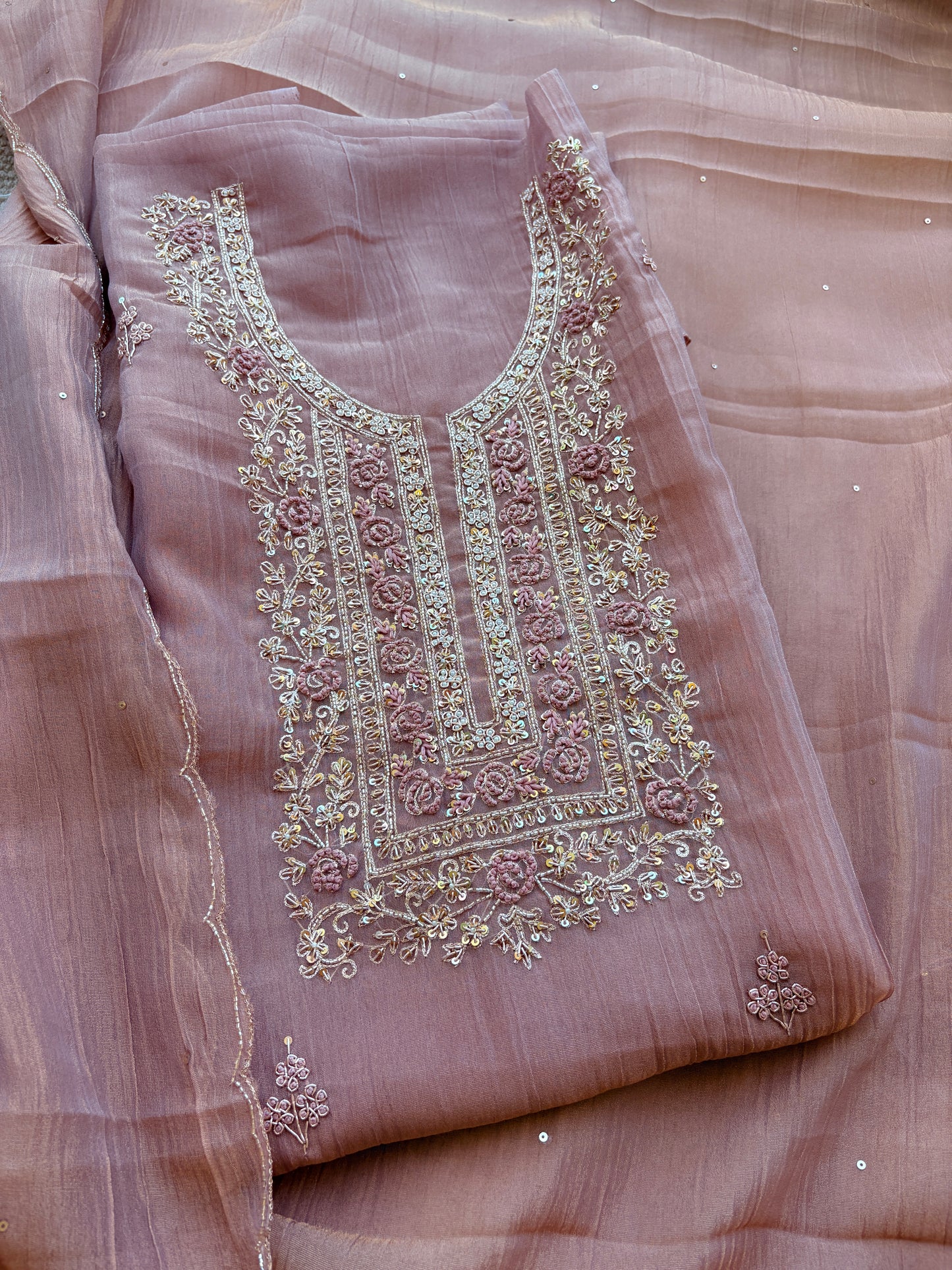 Pink hand embroidered tissue silk suit set