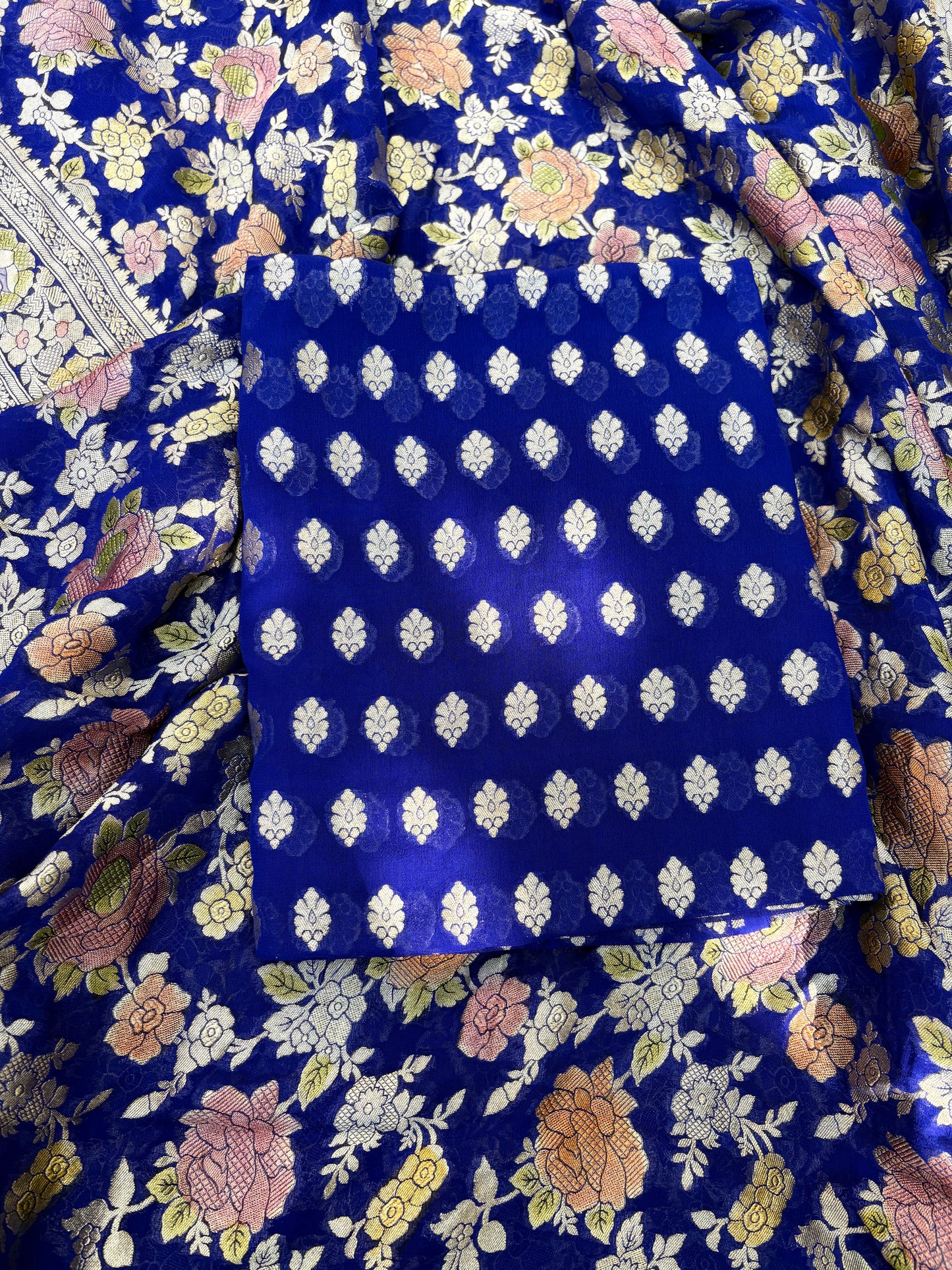 Blue Khaddi georgette kurta, handbrushed dupatta, plain bottom