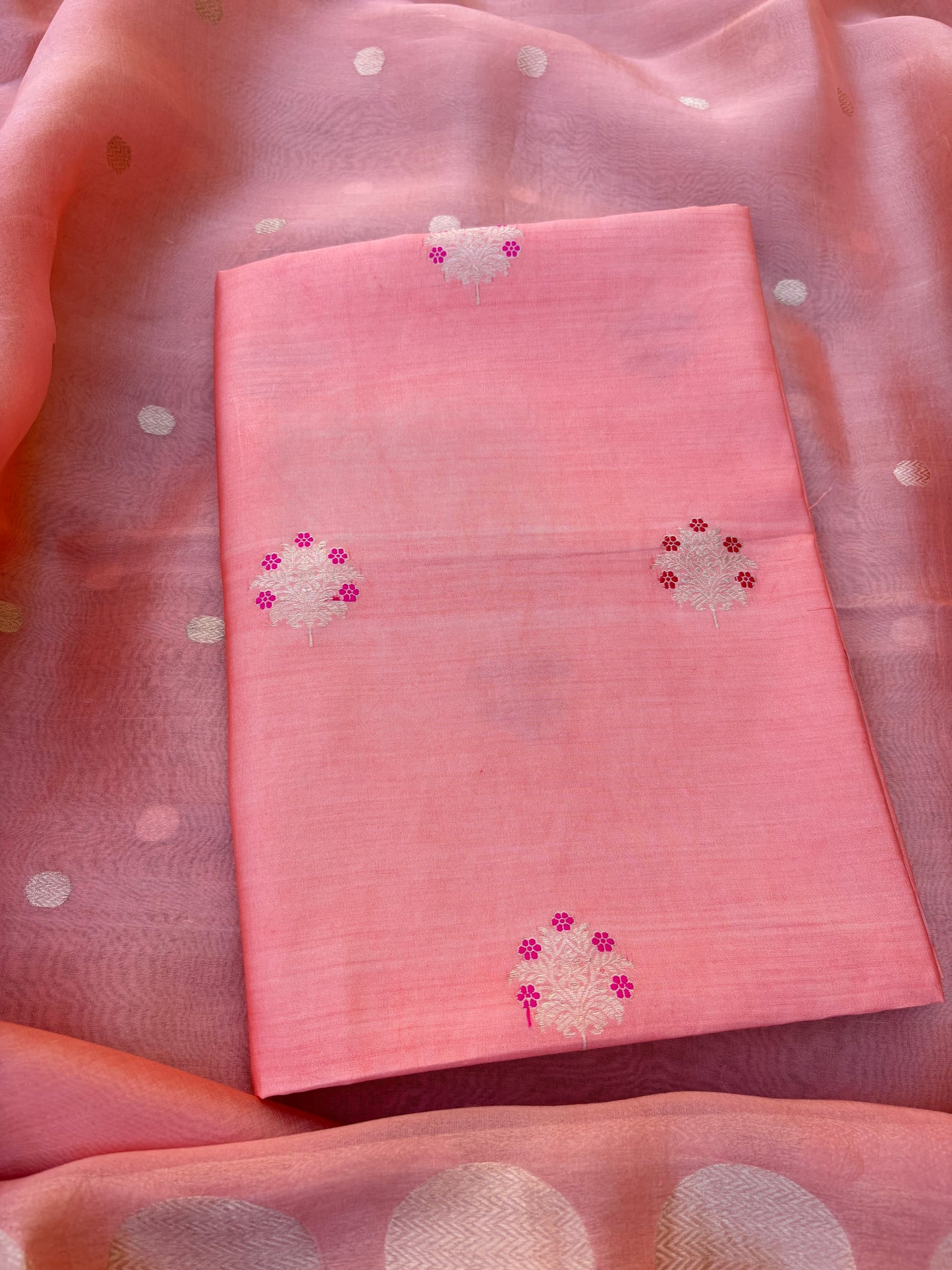 Peach meenadar kurta, plain bottom, kora silk dupatta