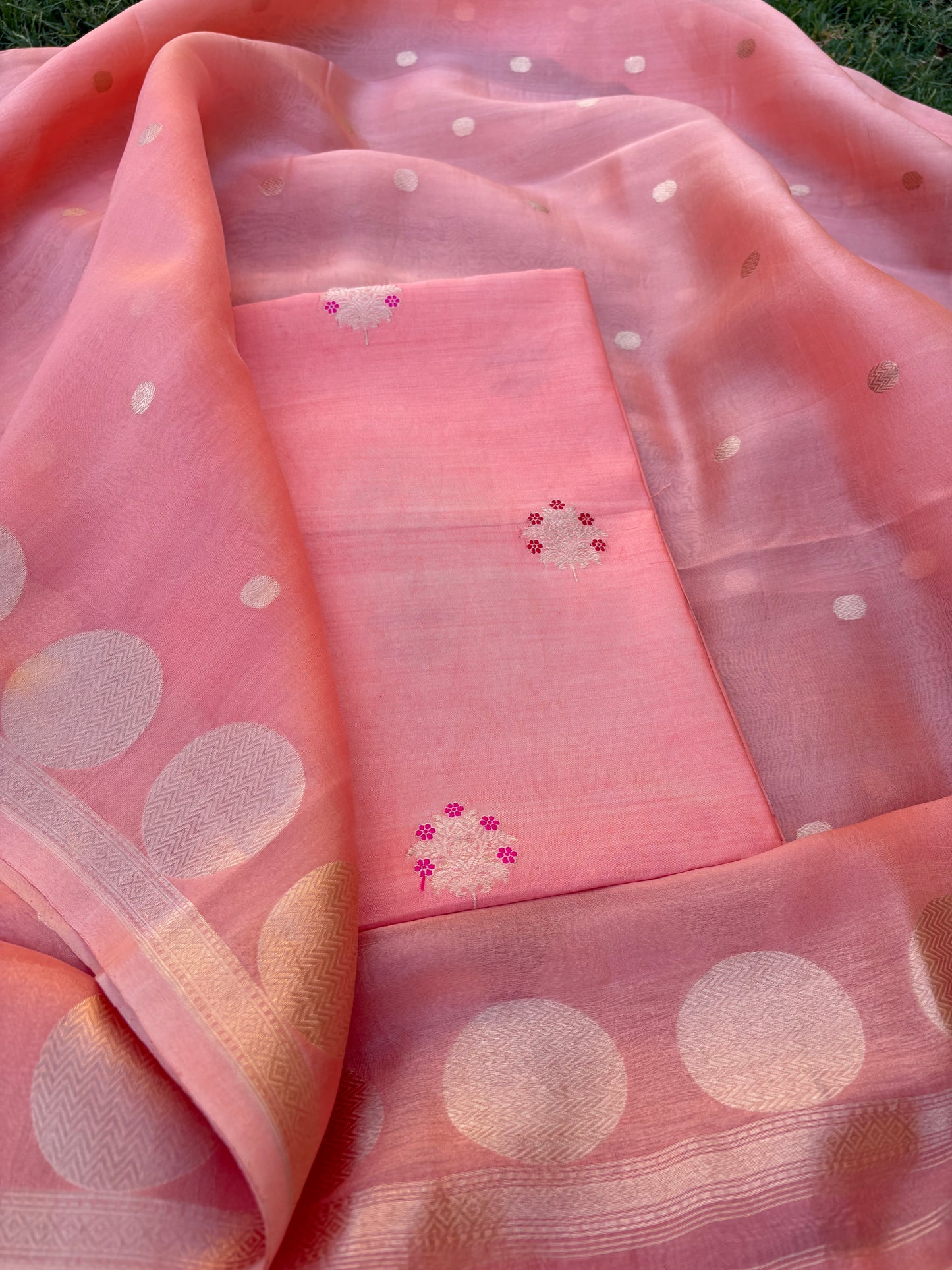 Peach meenadar kurta, plain bottom, kora silk dupatta