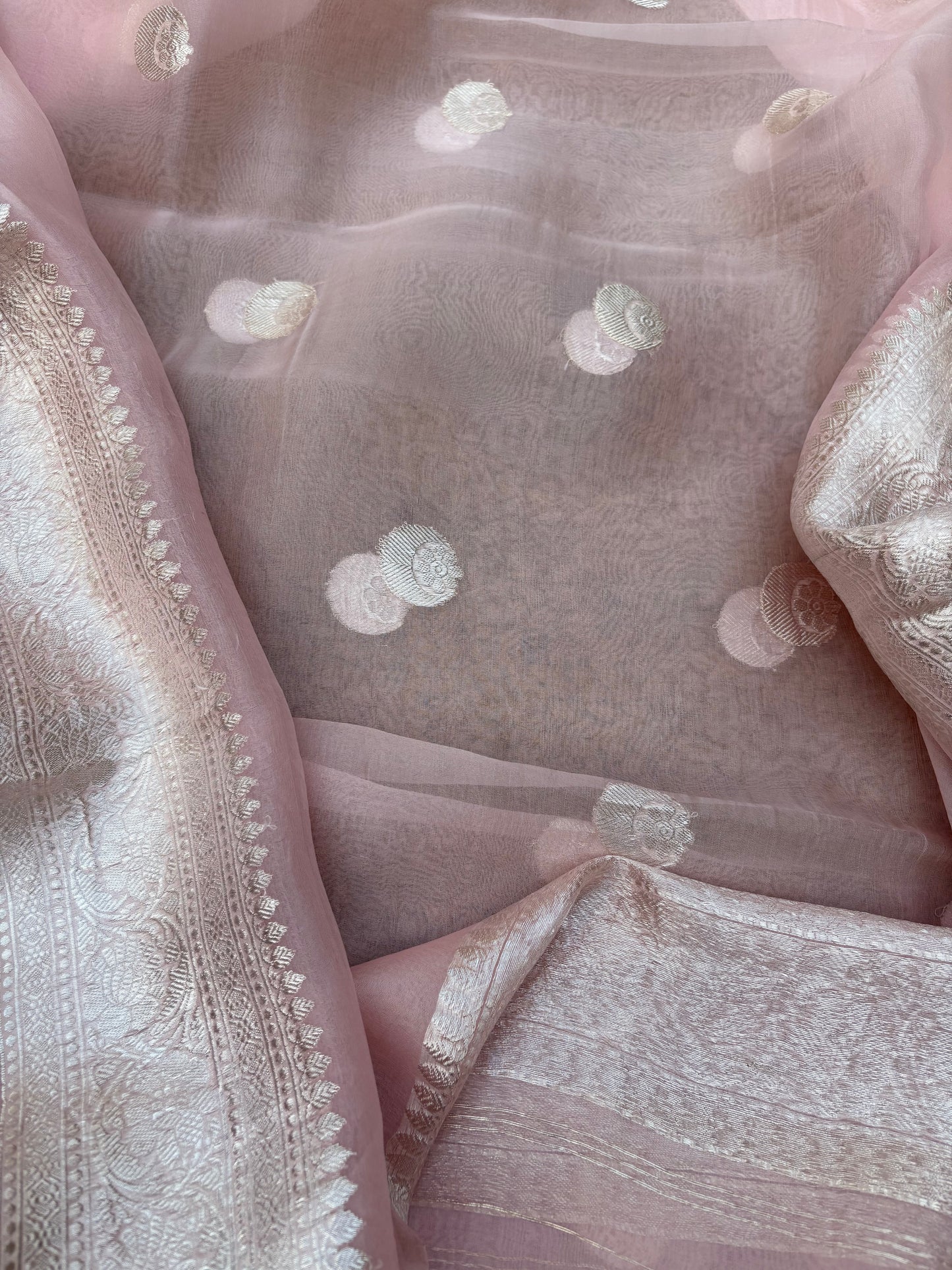 Pink Chiniya silk silver zari 3 piece suit set