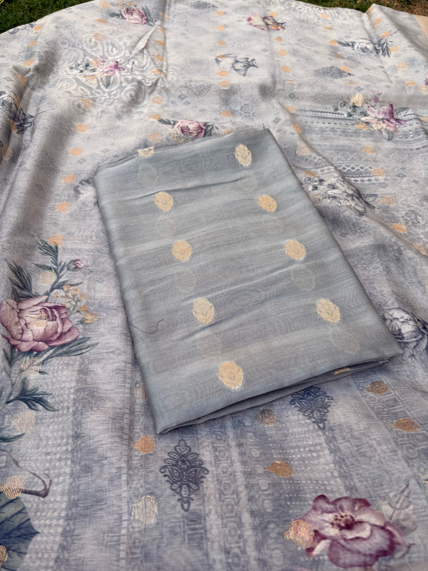 Grey mul Chanderi silk 3 piece suit set