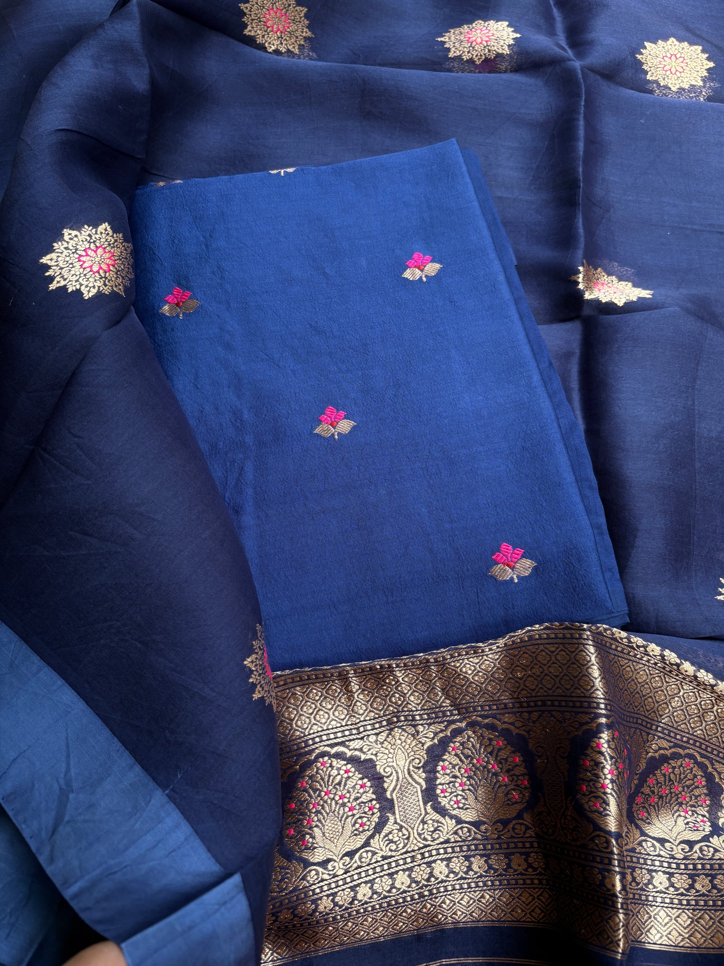 Blue Chiniya kora silk suit set