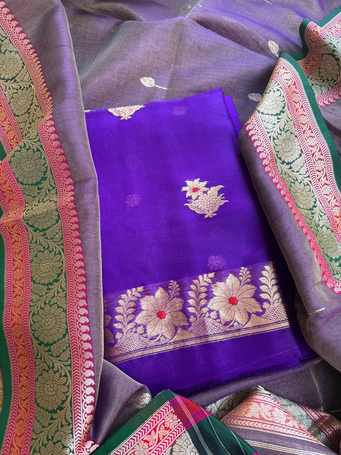 Purple kora kurta, kadhwa kora tissue dupatta, pure silk bottom