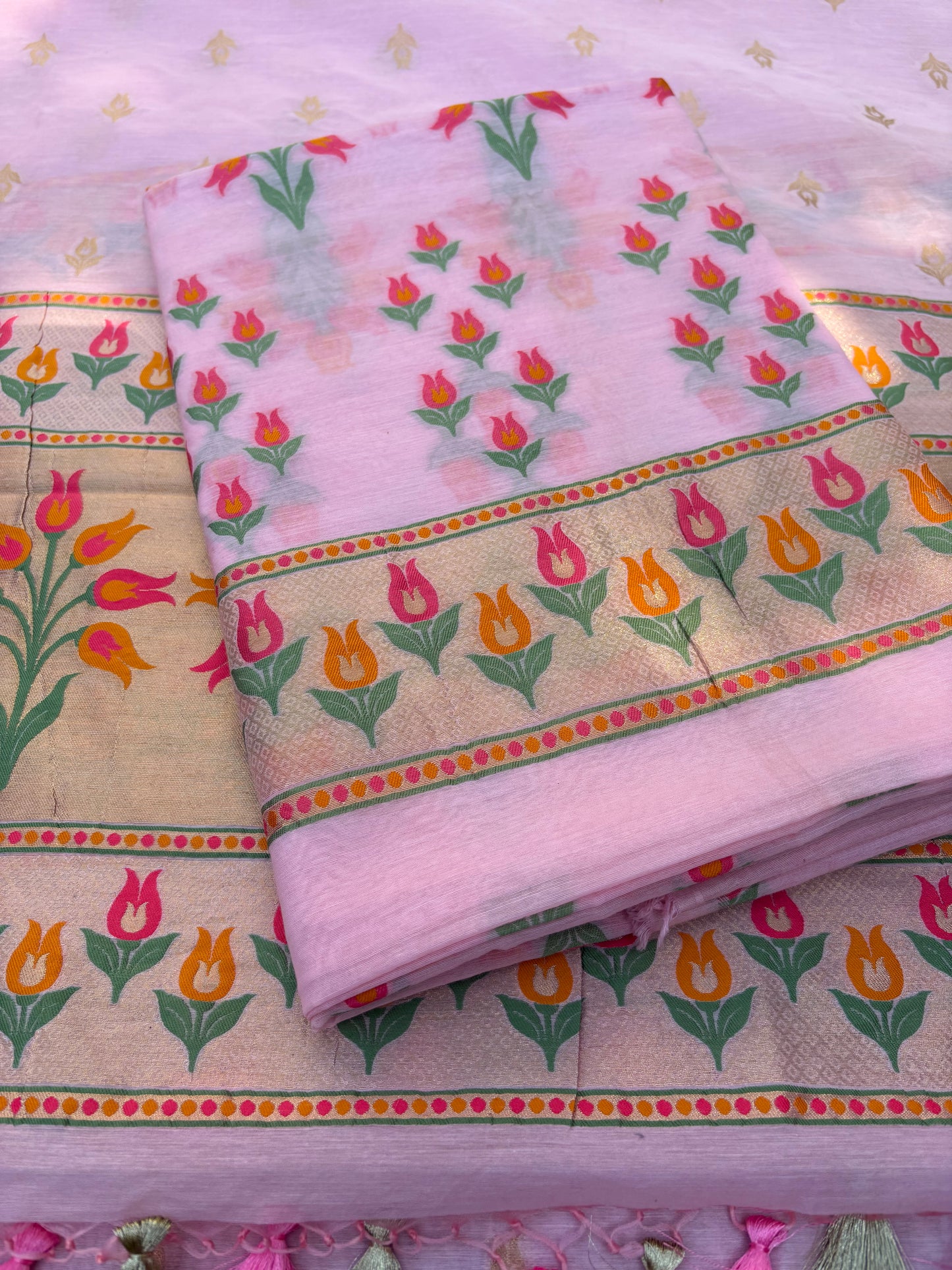 Pink meenadar flower design Chanderi cotton suit set