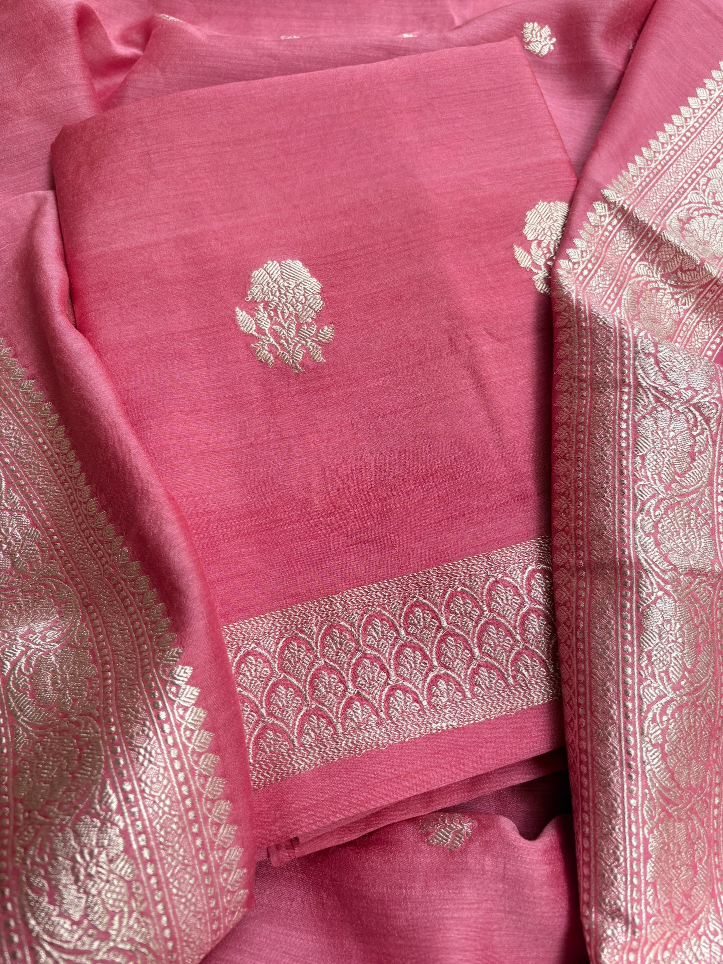 Peach moonga silk silver zari suit set
