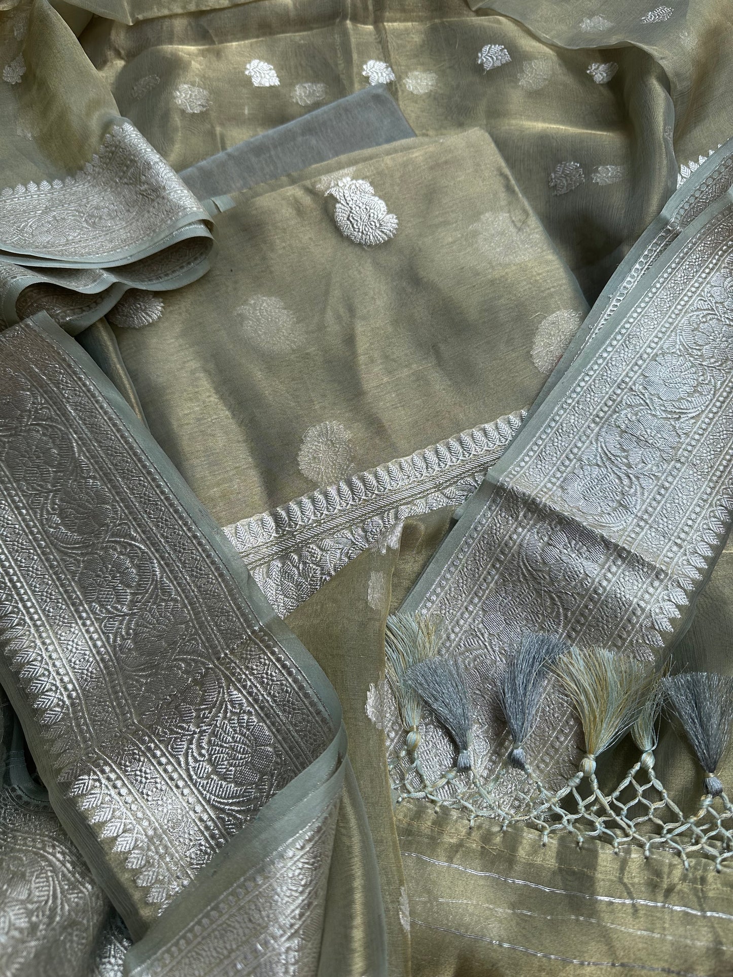 Mint green pure silver zari kadhwa tissue suit set