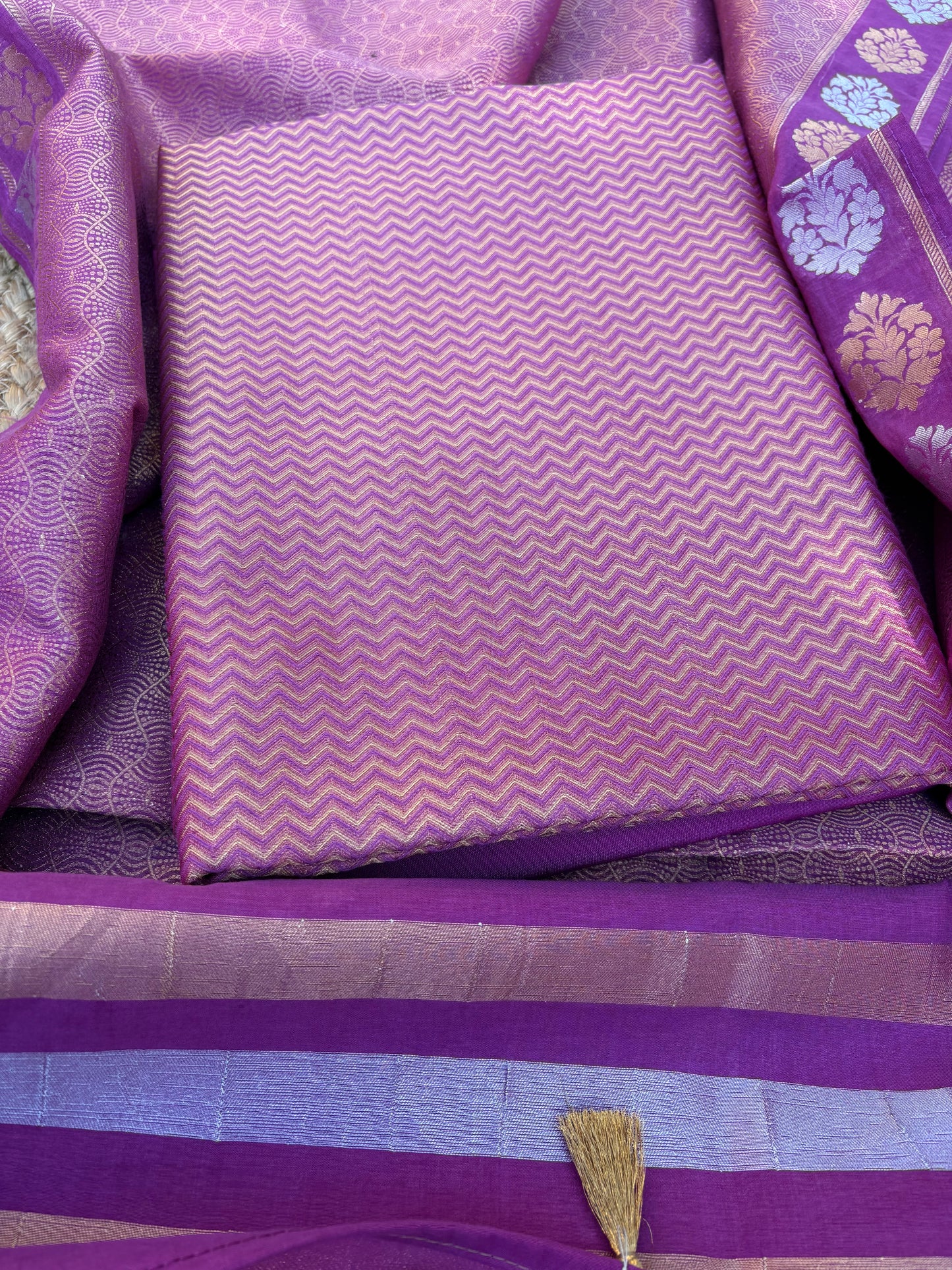 Magenta brocade Chanderi cotton 3 piece suit set