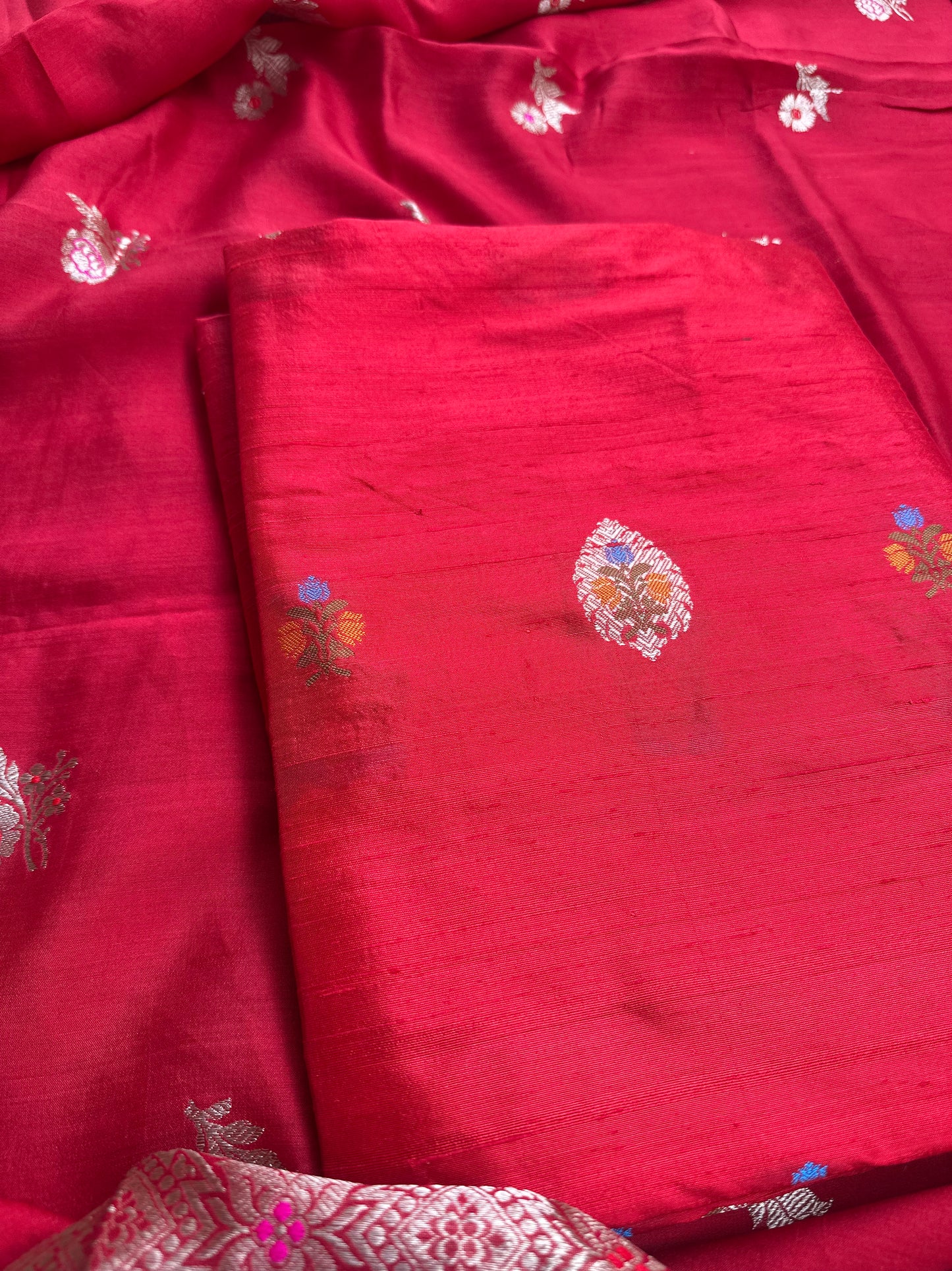 Red raw silk meenadar kurta, chiniya silk dupatta, plain raw silk bottom.