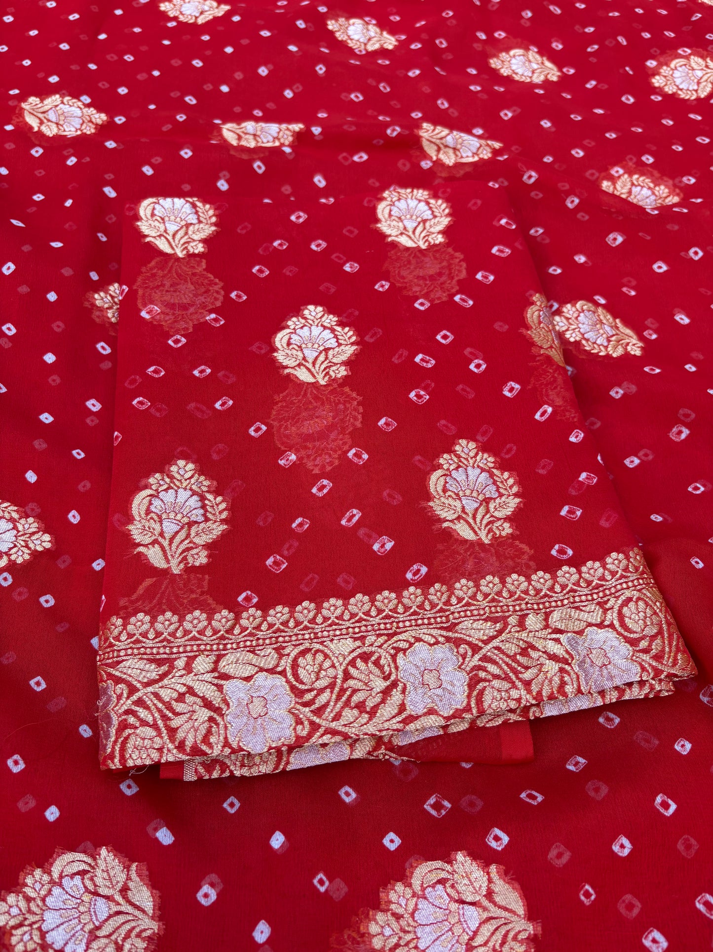 Red Khaddi georgette kadhwa bandhani 3 piece suit set