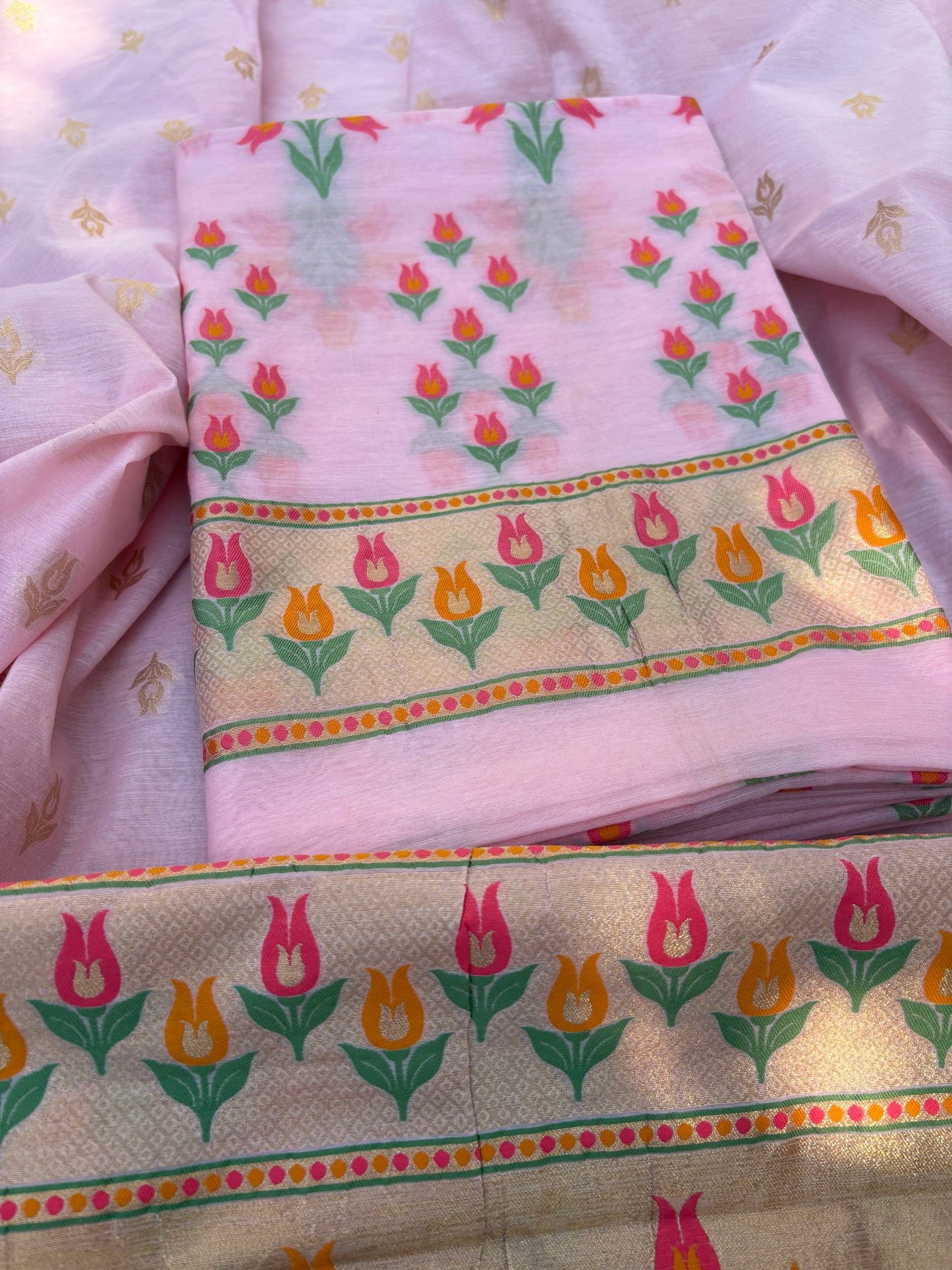 Pink meenadar flower design Chanderi cotton suit set