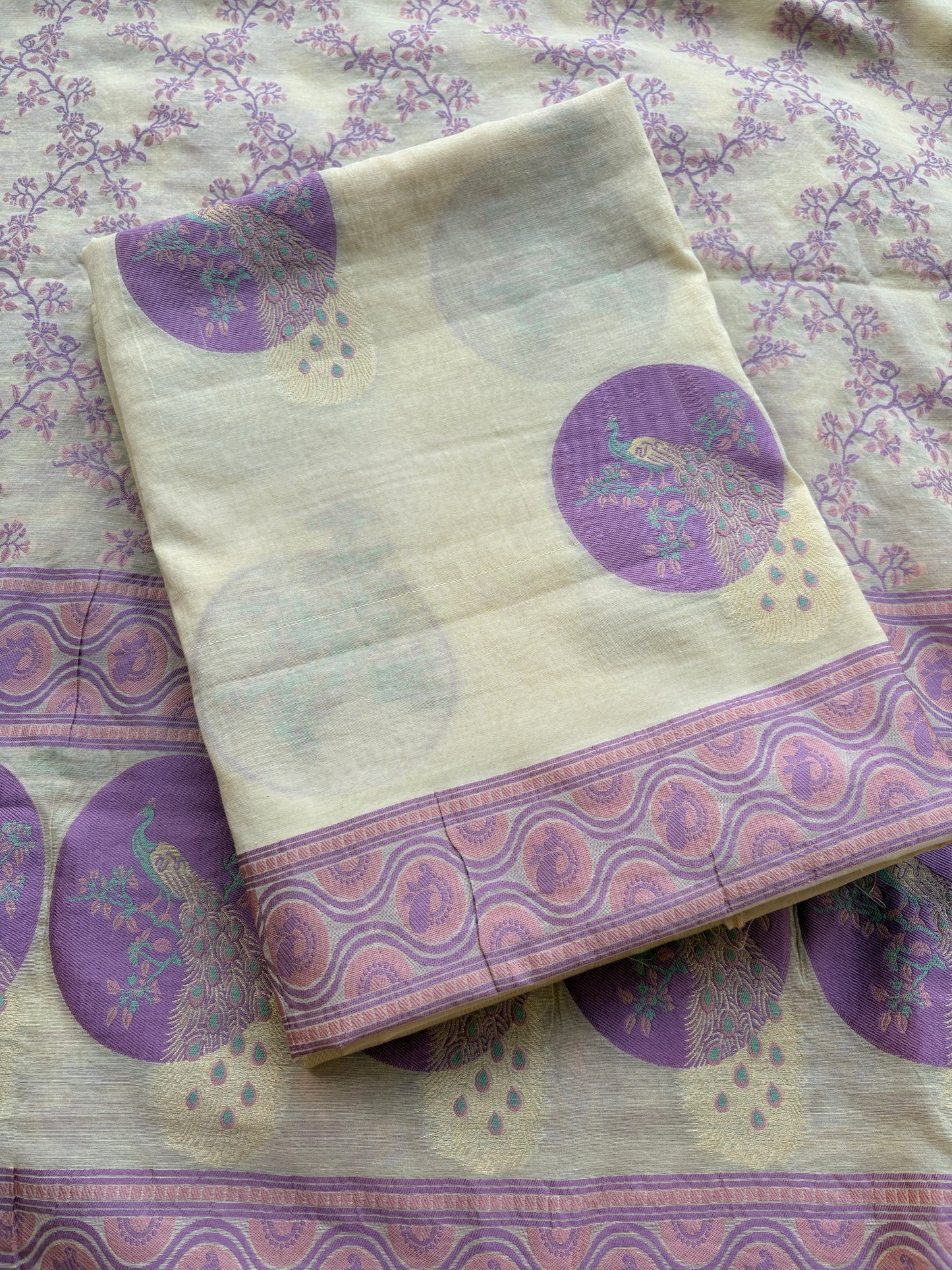 Cream lavender Chanderi cotton suit set