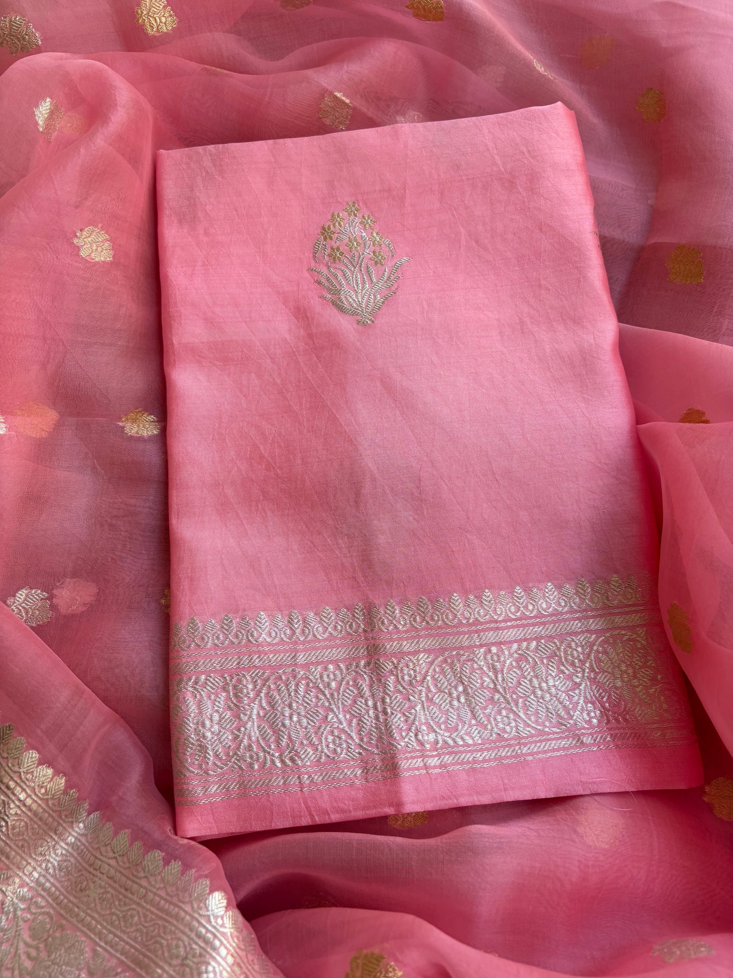 Pink pure silver zari chiniya kurta, kora dupatta, plain silk bottom.