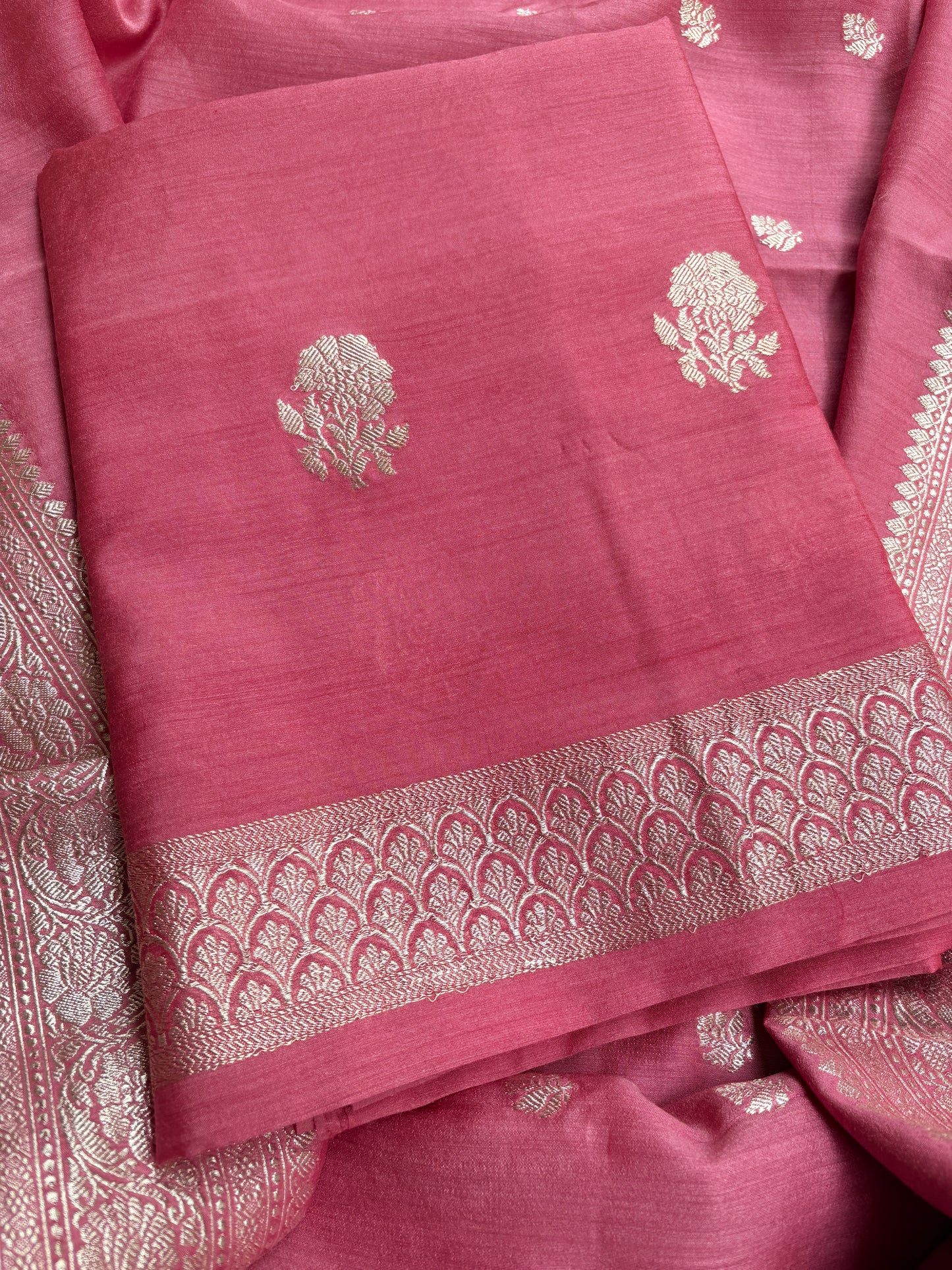 Peach moonga silk silver zari suit set