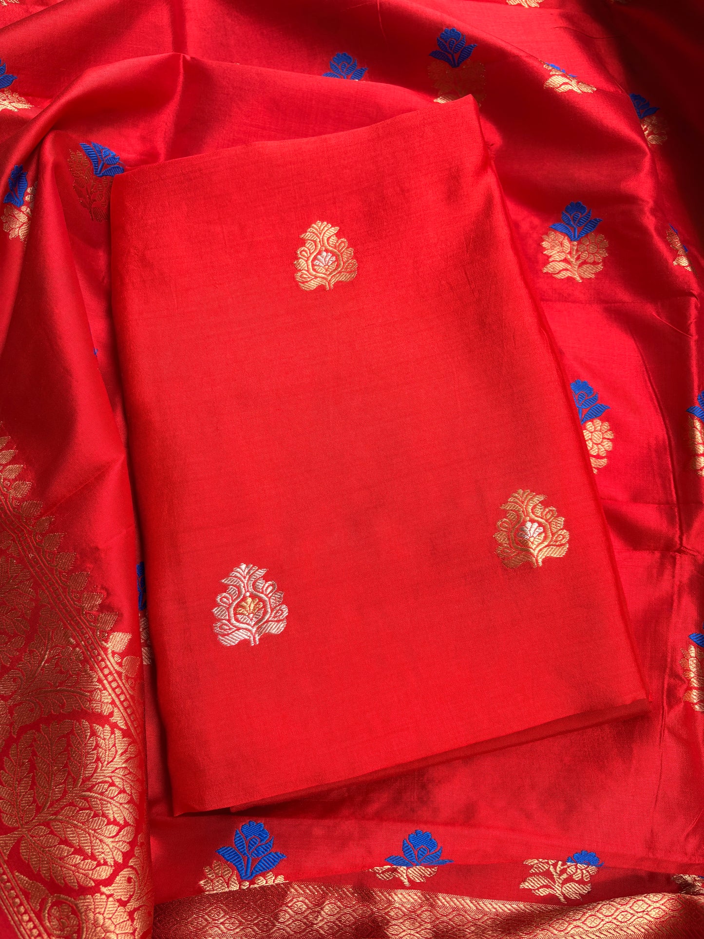 Red pure katan silk kadhwa suit set