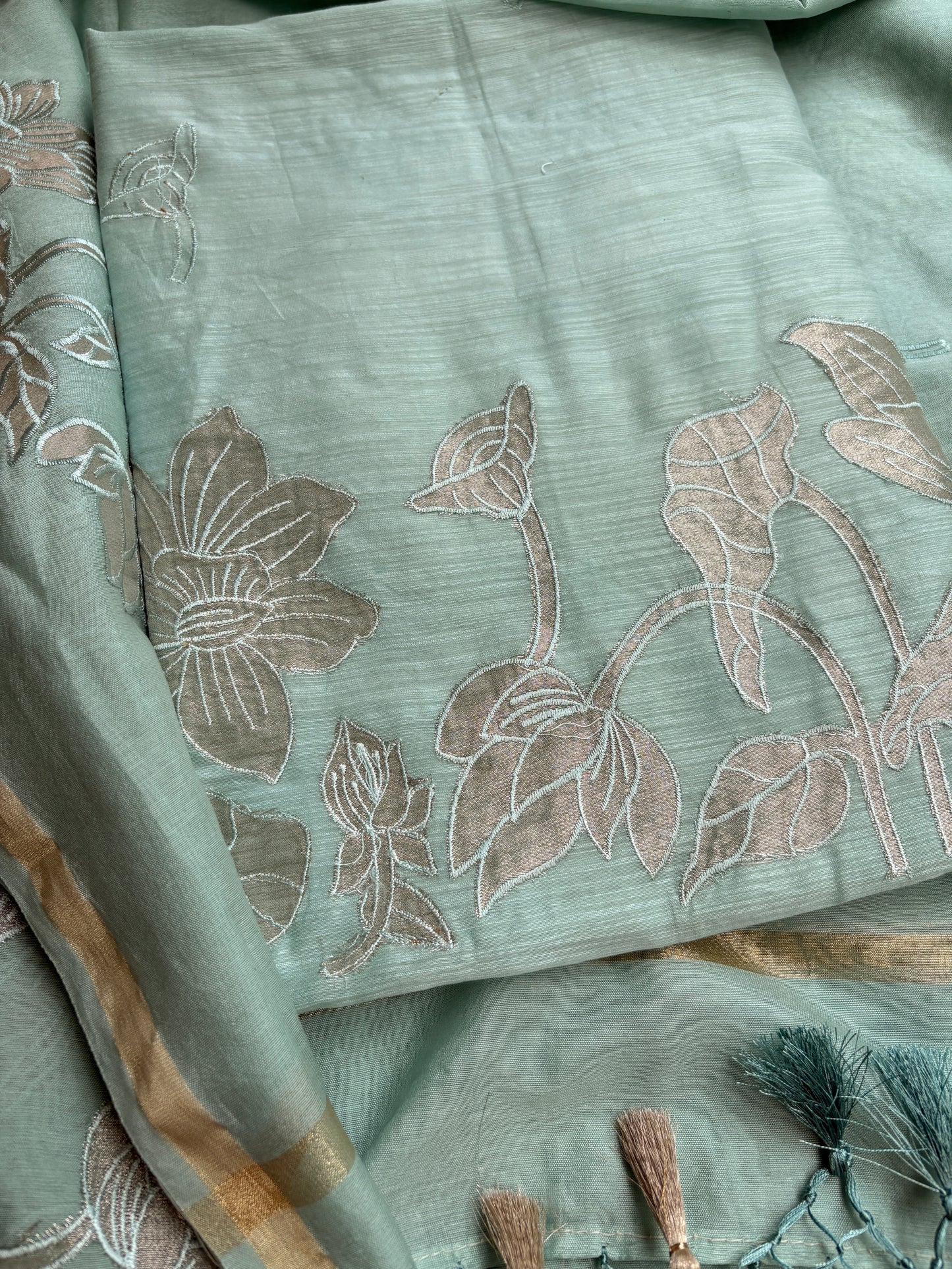 Green applique mul Chanderi 3 piece suit set