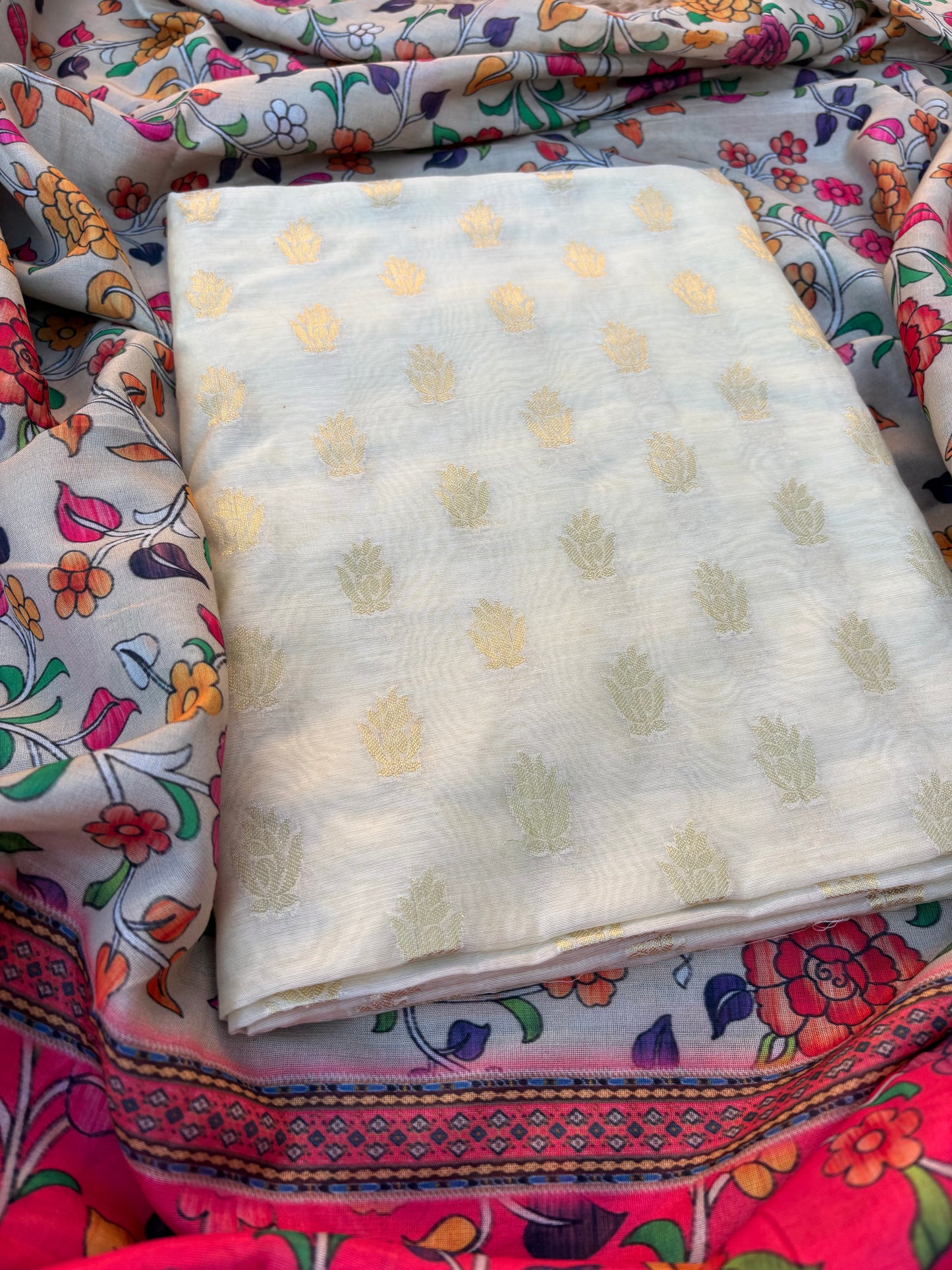 Cream cotton suit with digital printed dupatta, plain bottom