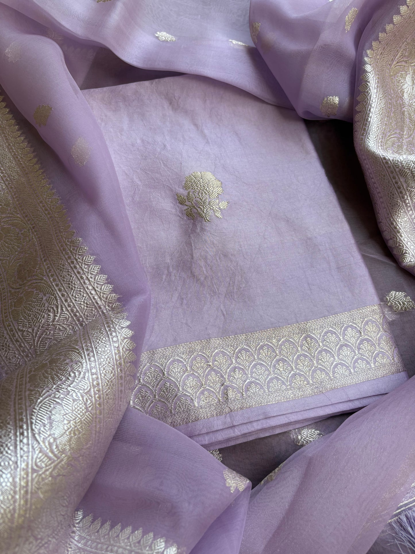 Lavender pure silver zari kurta, kora dupatta,plain bottom.