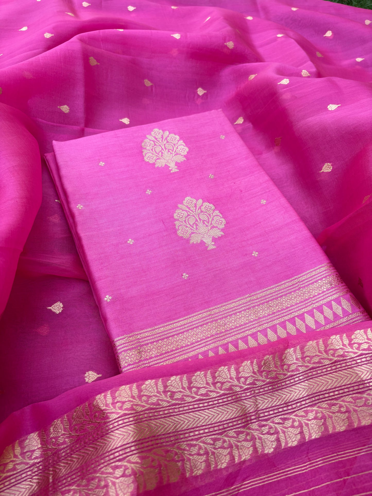 Pink Chiniya silk, kora silk dupatt 3 piece suit set