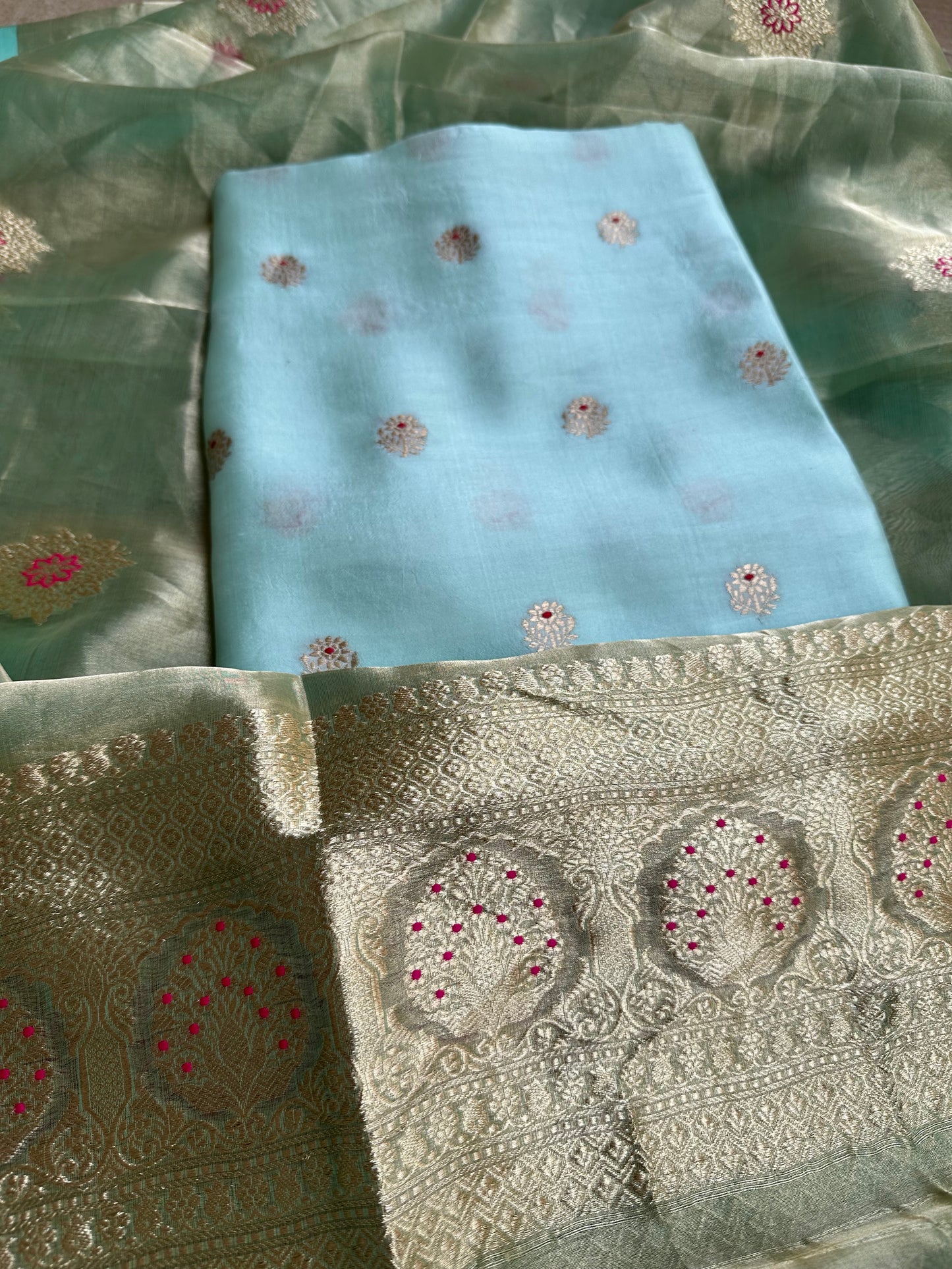Sky blue chiniya silk kurta, bottom and tissue meendar dupatta