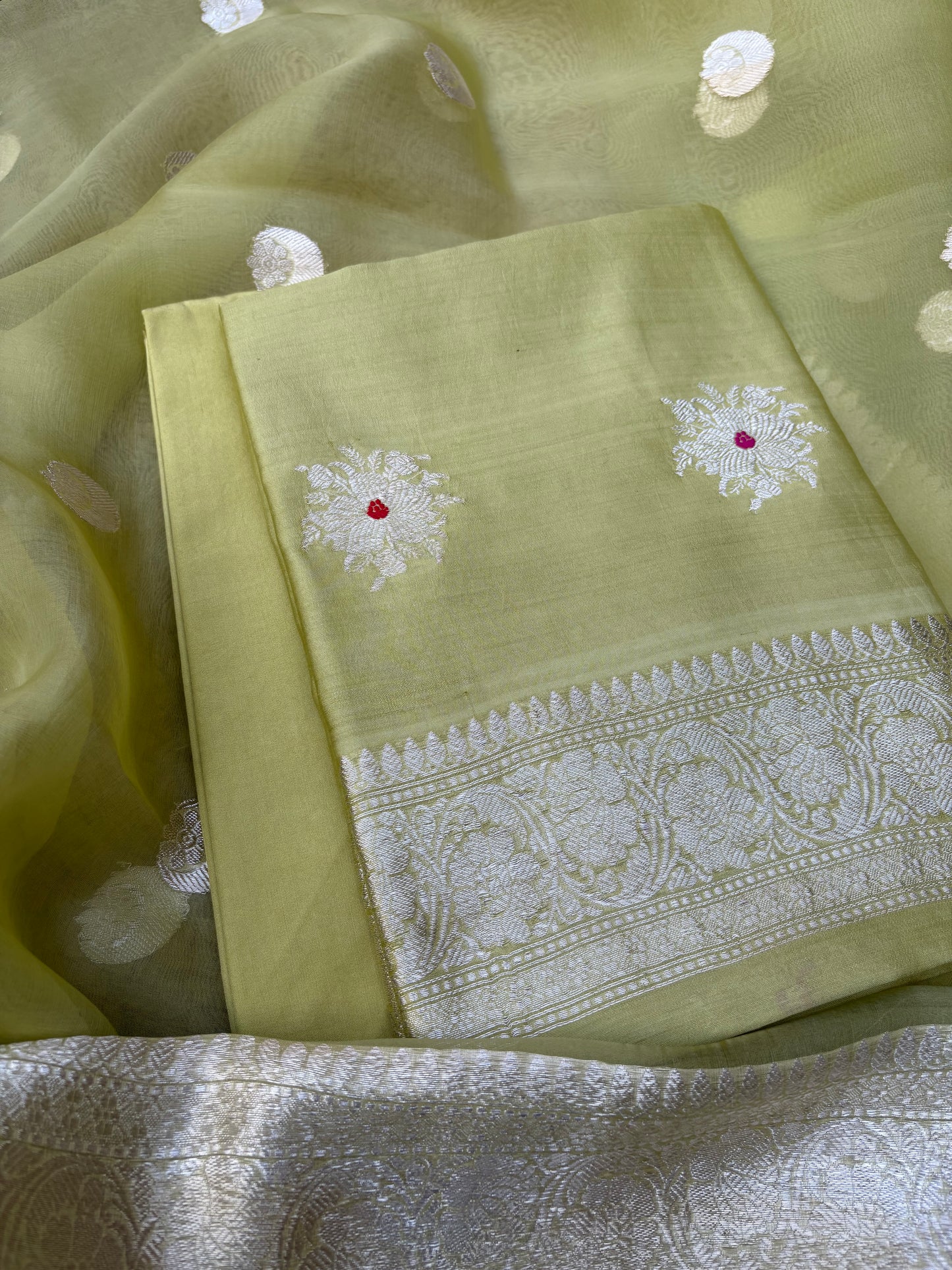 Green Chiniya silk silver zari 3 piece suit set