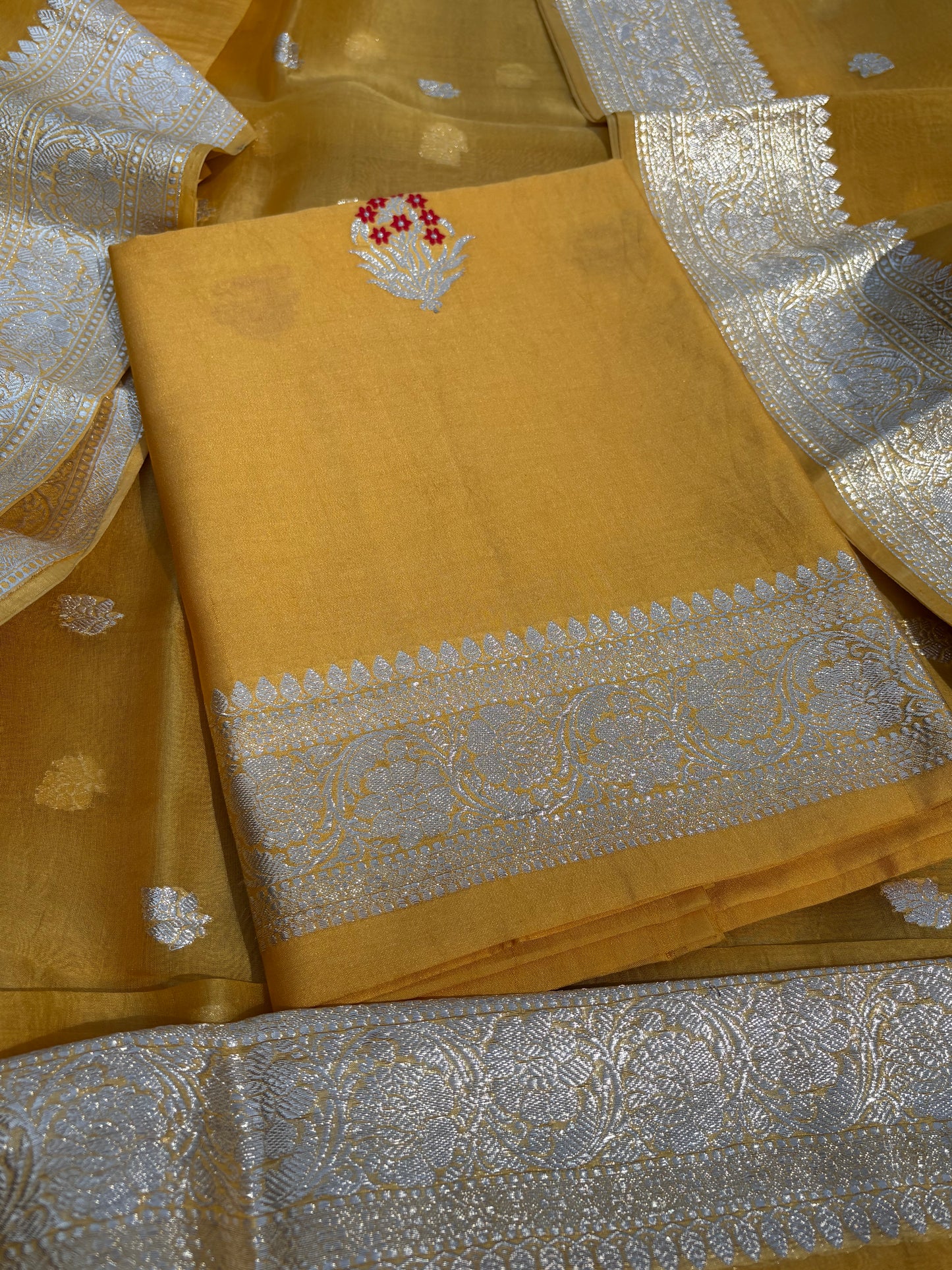 Mustard meenadar silver zari Chiniya kora 3 piece suit set