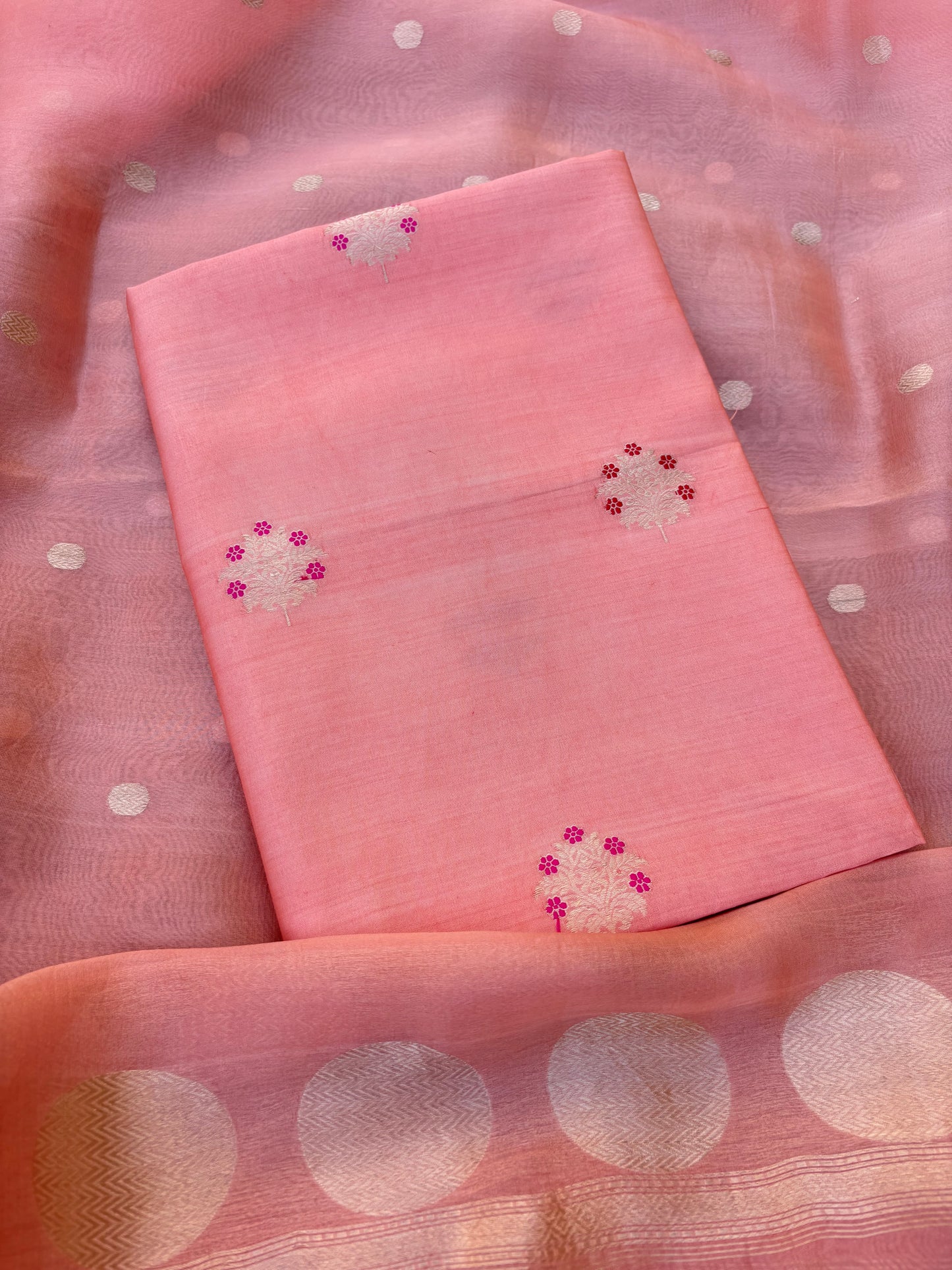 Peach meenadar kurta, plain bottom, kora silk dupatta