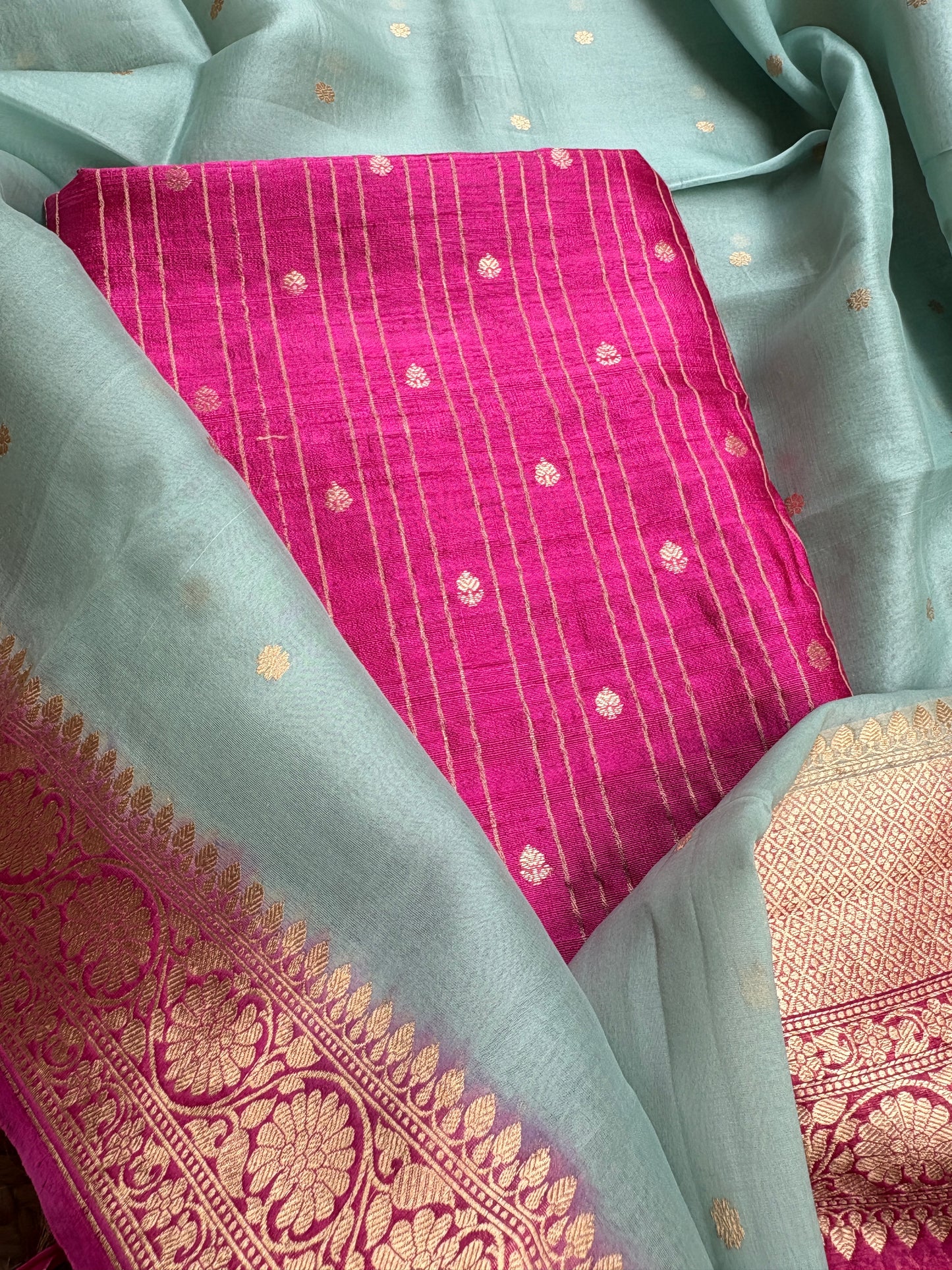 Pink raw silk kurta, bottom , kora shaded dupatta